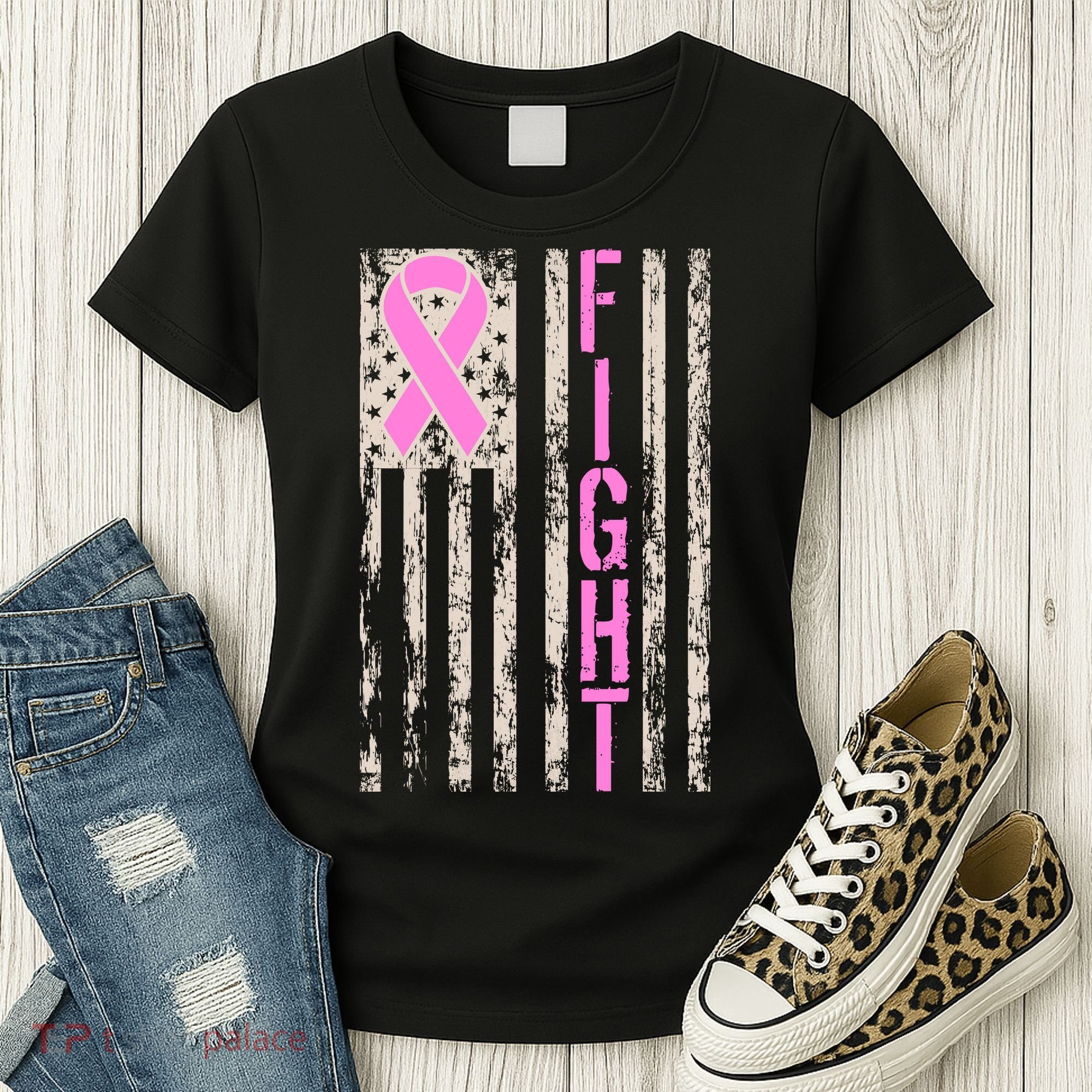 Fight Breast Cancer Awareness USA Flag Ribbon Women's T-Shirt