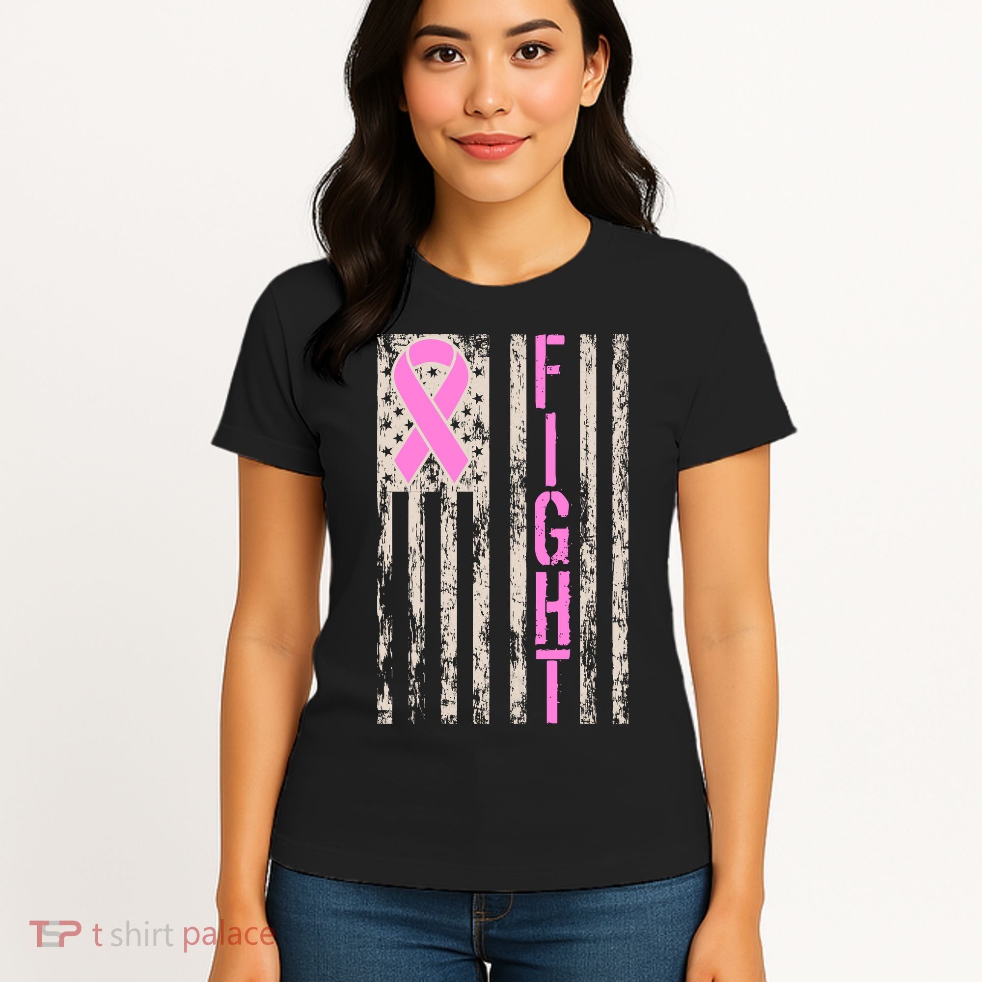 Fight Breast Cancer Awareness USA Flag Ribbon Women's T-Shirt