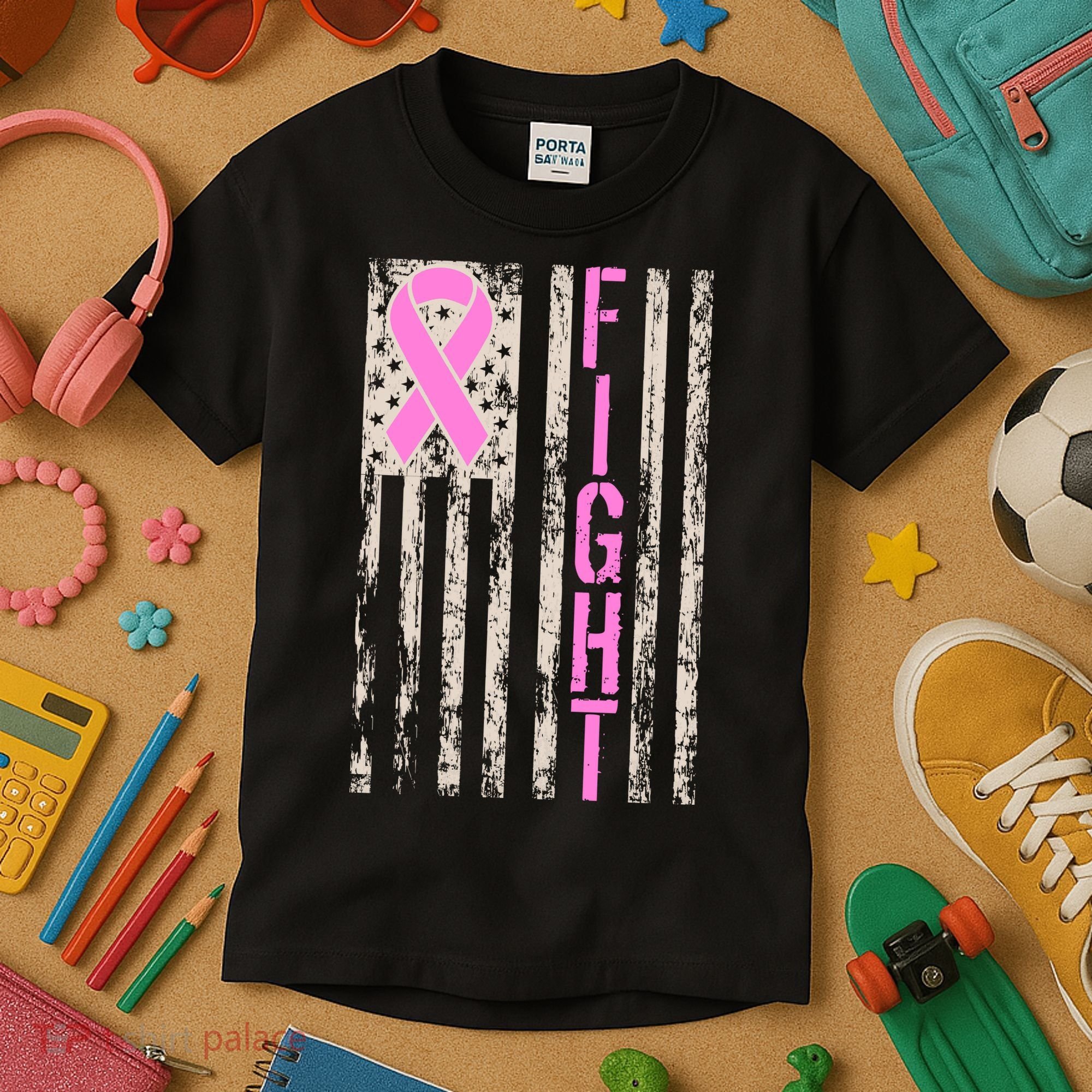 Fight Breast Cancer Awareness USA Flag Ribbon Kids T-Shirt