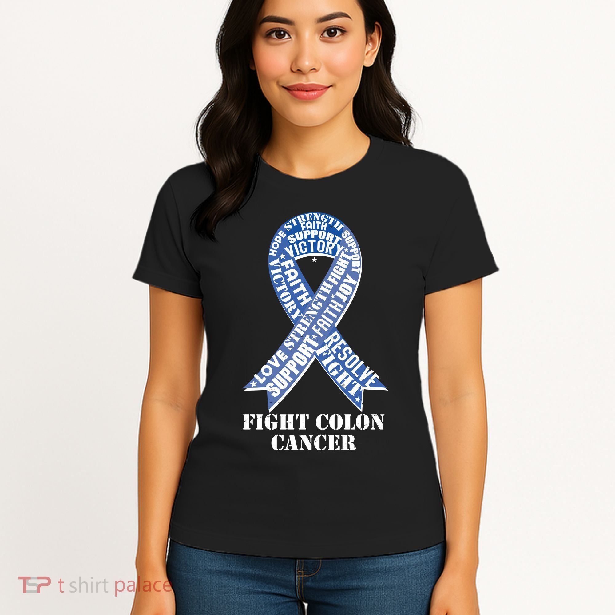 Fight Colon Cancer Resolve Support Faith Blue Ribbon Women's T-Shirt