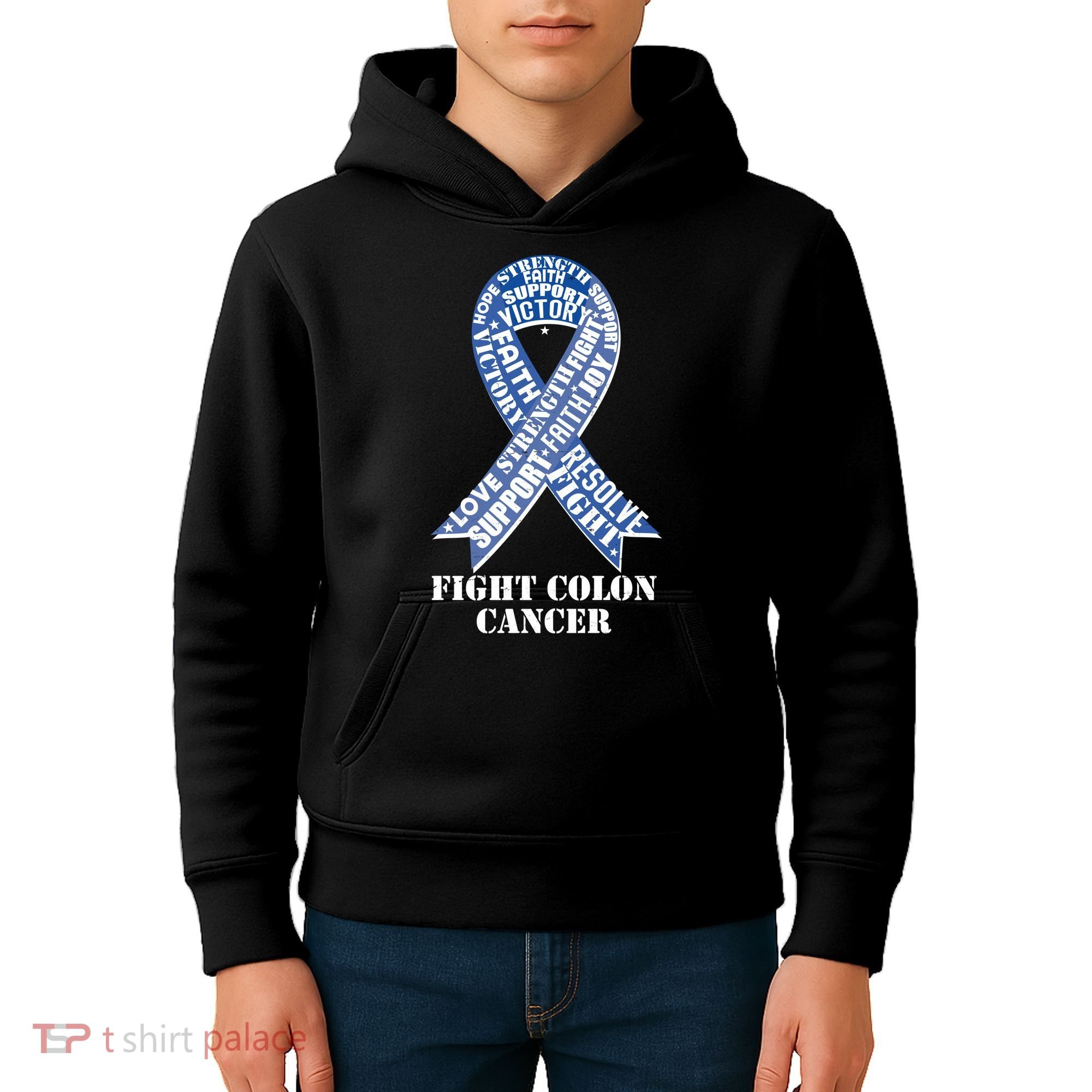 Fight Colon Cancer Resolve Support Faith Blue Ribbon Kids Hoodie