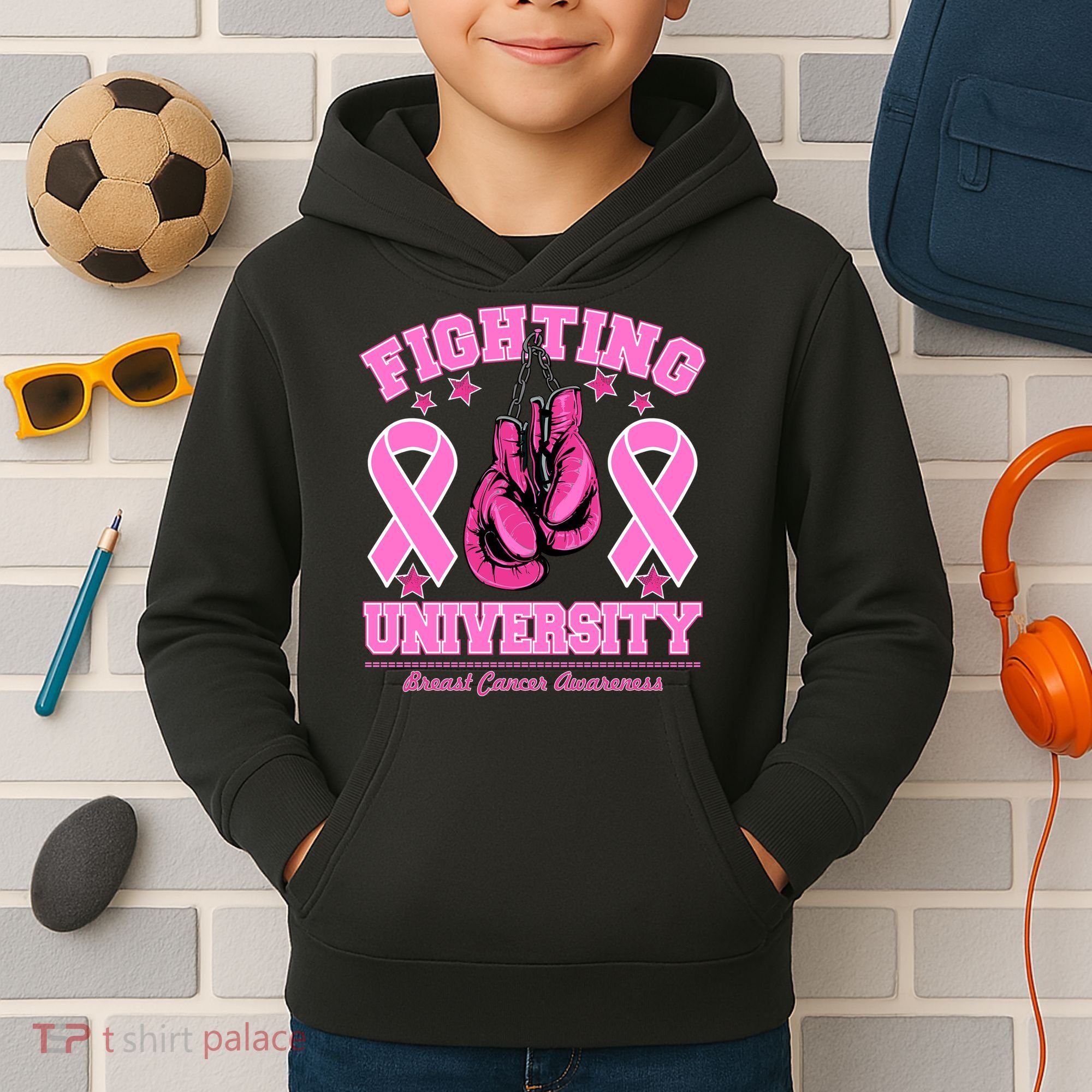 Fighting University Breast Cancer Awareness Boxing Fight Kids Hoodie