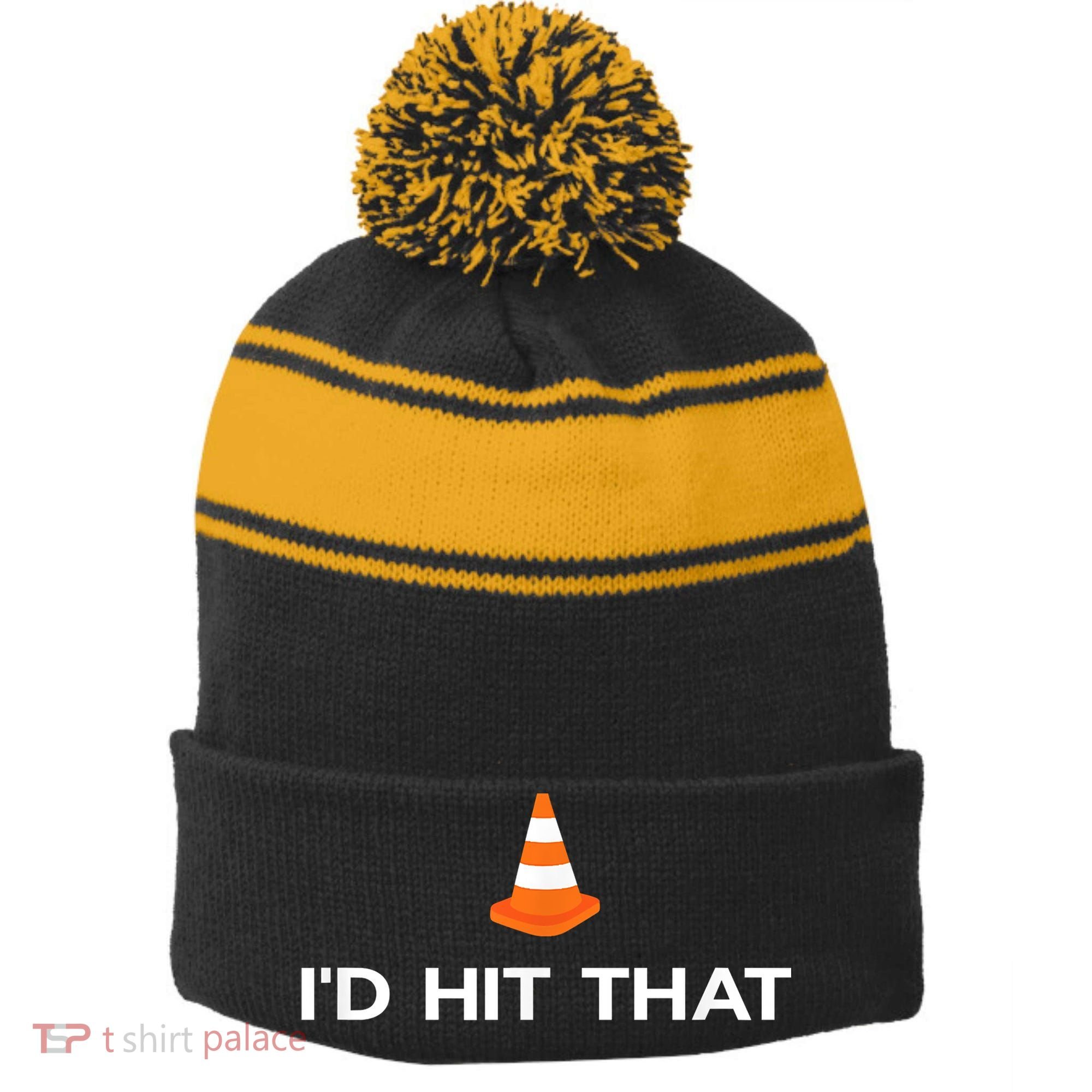Funny I'd Hit That Traffic Cone Pun Stripe Pom Pom Beanie