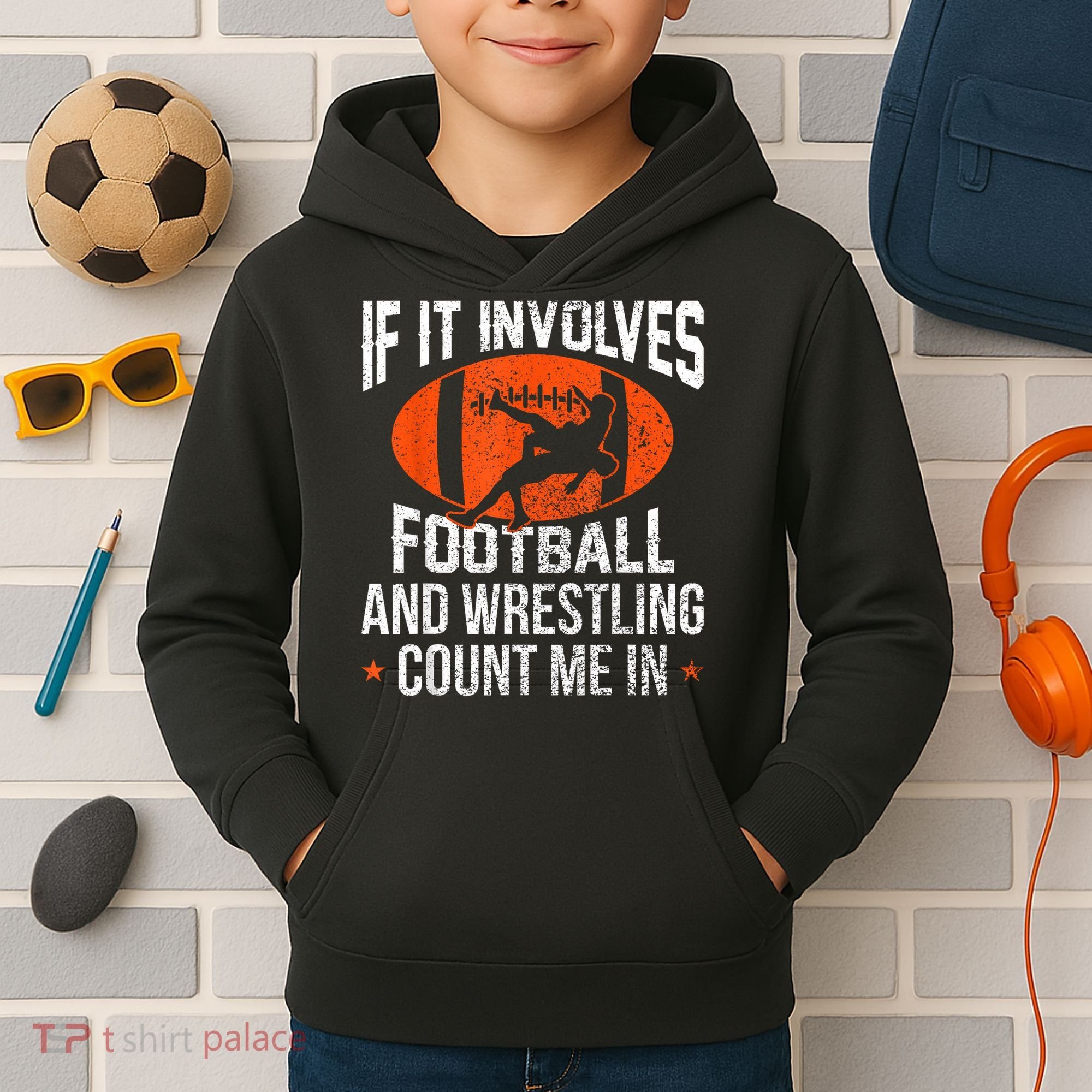 Funny If It Involves Football And Wrestling Count Me Fan Kids Hoodie