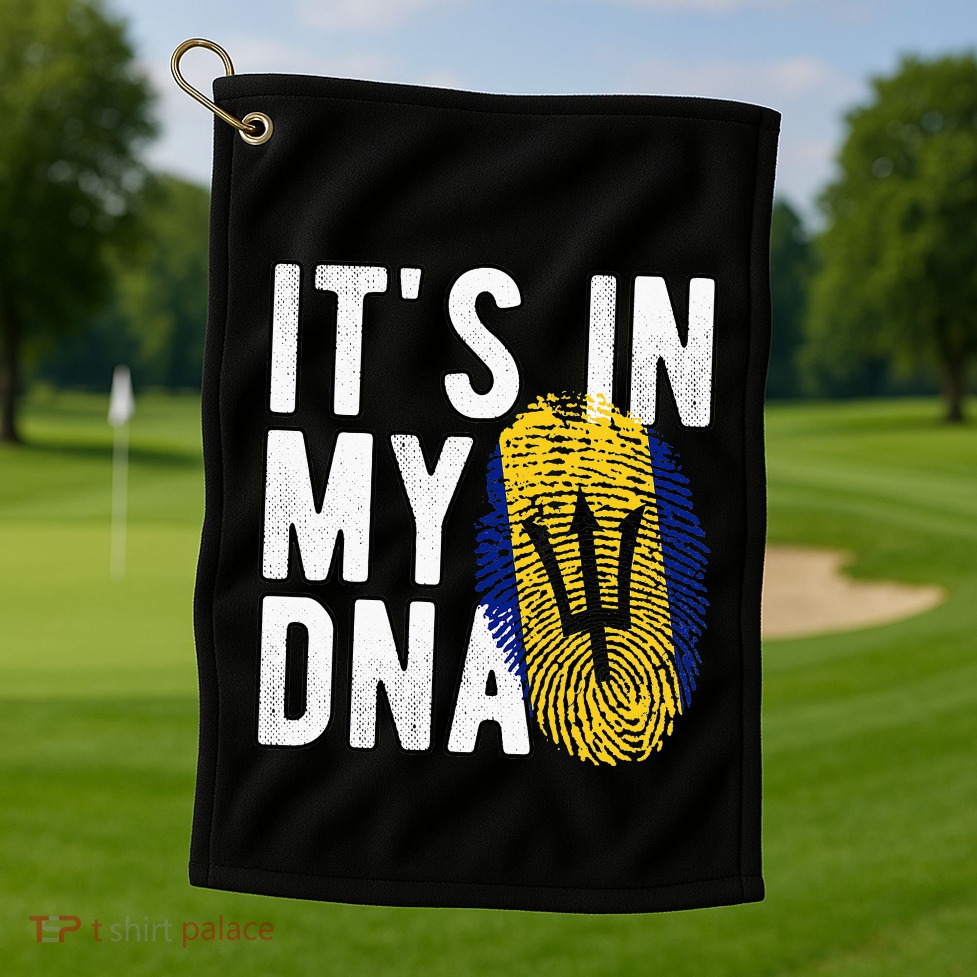 Funny it's in my DNA Barbados flag Fingerprint Golf Towel