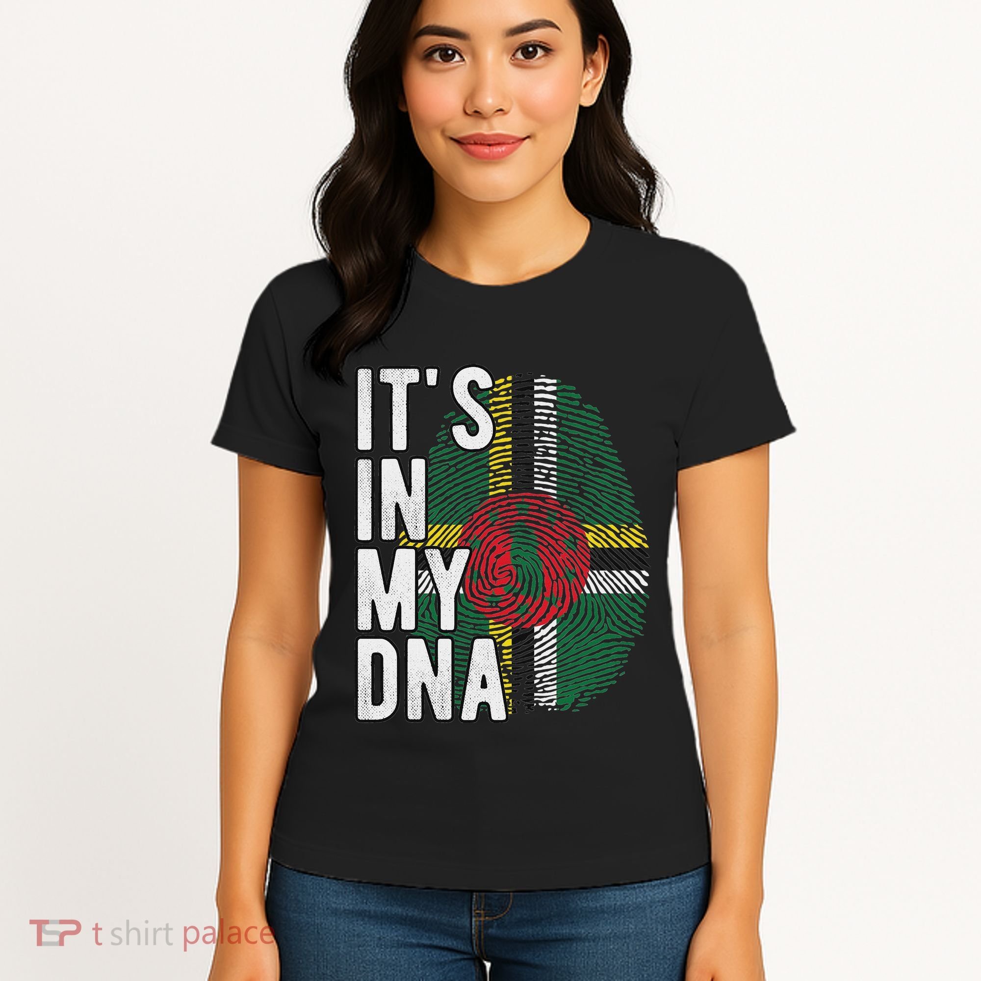 Funny ItS In My Dna Dominica Flag Fingerprint Women's T-Shirt