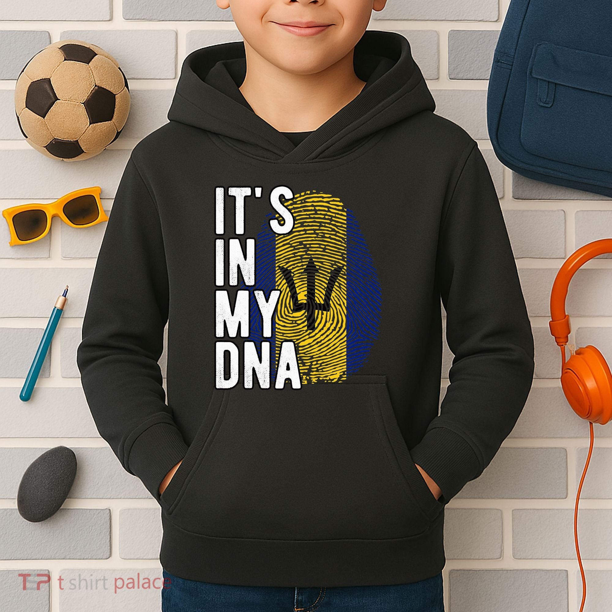 Funny ItS In My Dna Barbados Flag Fingerprint Kids Hoodie