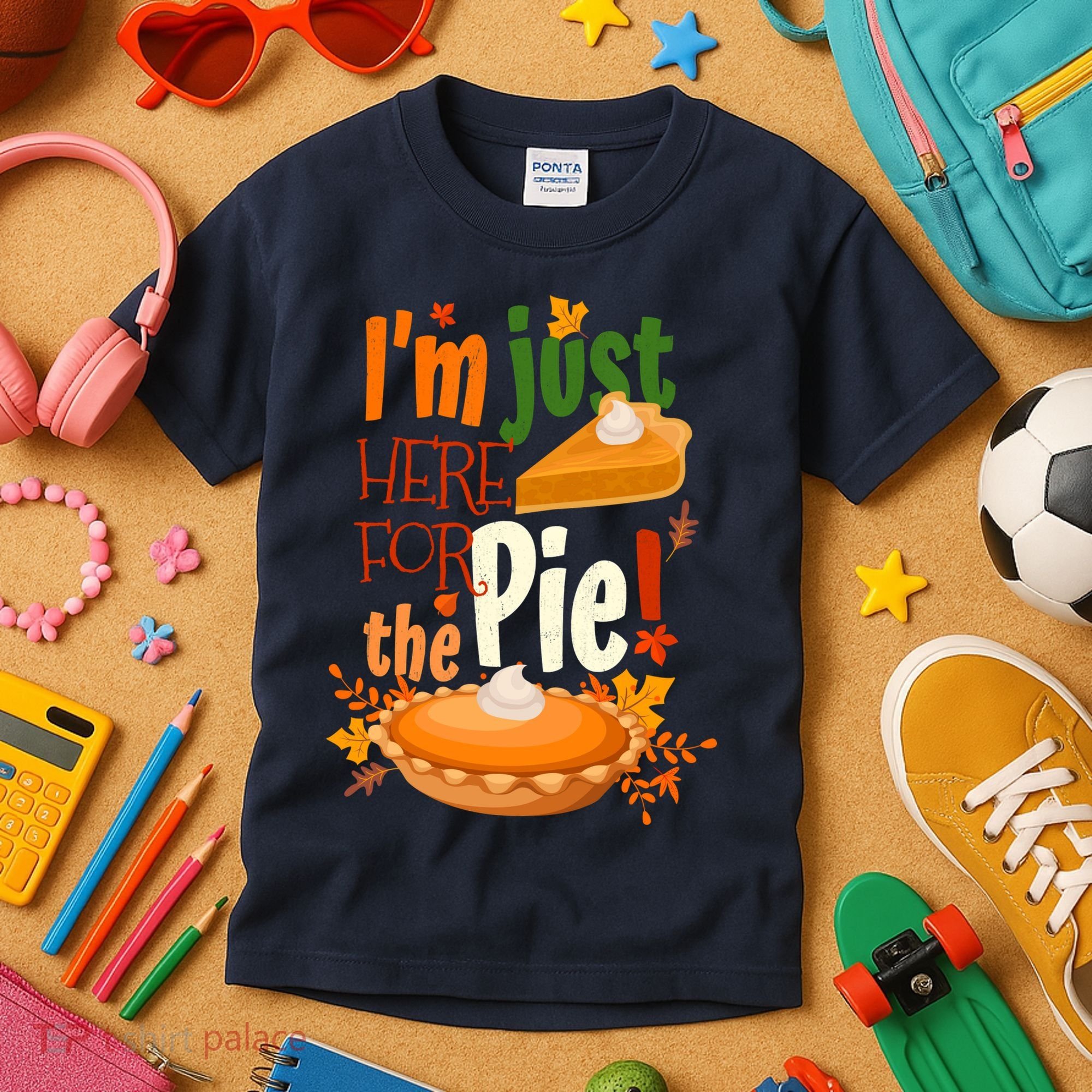 Funny I'm Just Here For The Pie Funny Thanksgiving Pumpkin Pie Kids T-Shirt