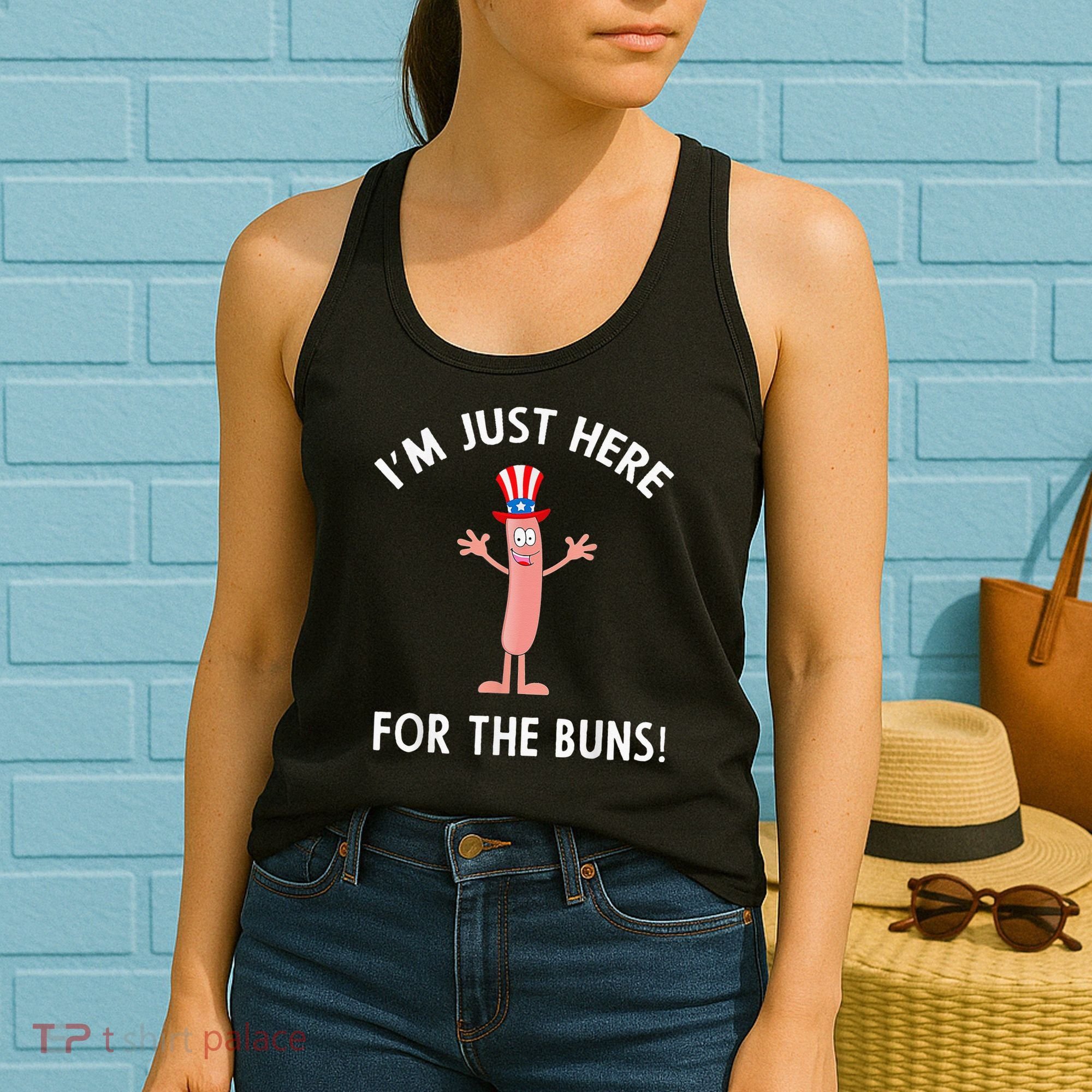 Funny I'm Just Here For The Buns Patriotic Hot Dog Women's Tank Top