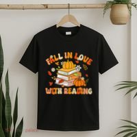 Fall In Love With Reading Book Autumn Pumpkins And Teachers T-Shirt thumb 2