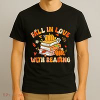Fall In Love With Reading Book Autumn Pumpkins And Teachers T-Shirt thumb 3