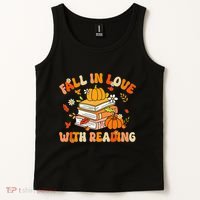 Fall In Love With Reading Book Autumn Pumpkins And Teachers Tank Top thumb 2