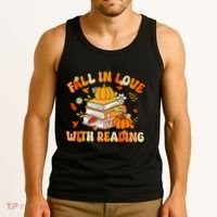 Fall In Love With Reading Book Autumn Pumpkins And Teachers Tank Top thumb 3