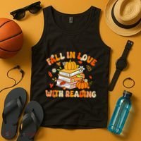 Fall In Love With Reading Book Autumn Pumpkins And Teachers Tank Top thumb 4