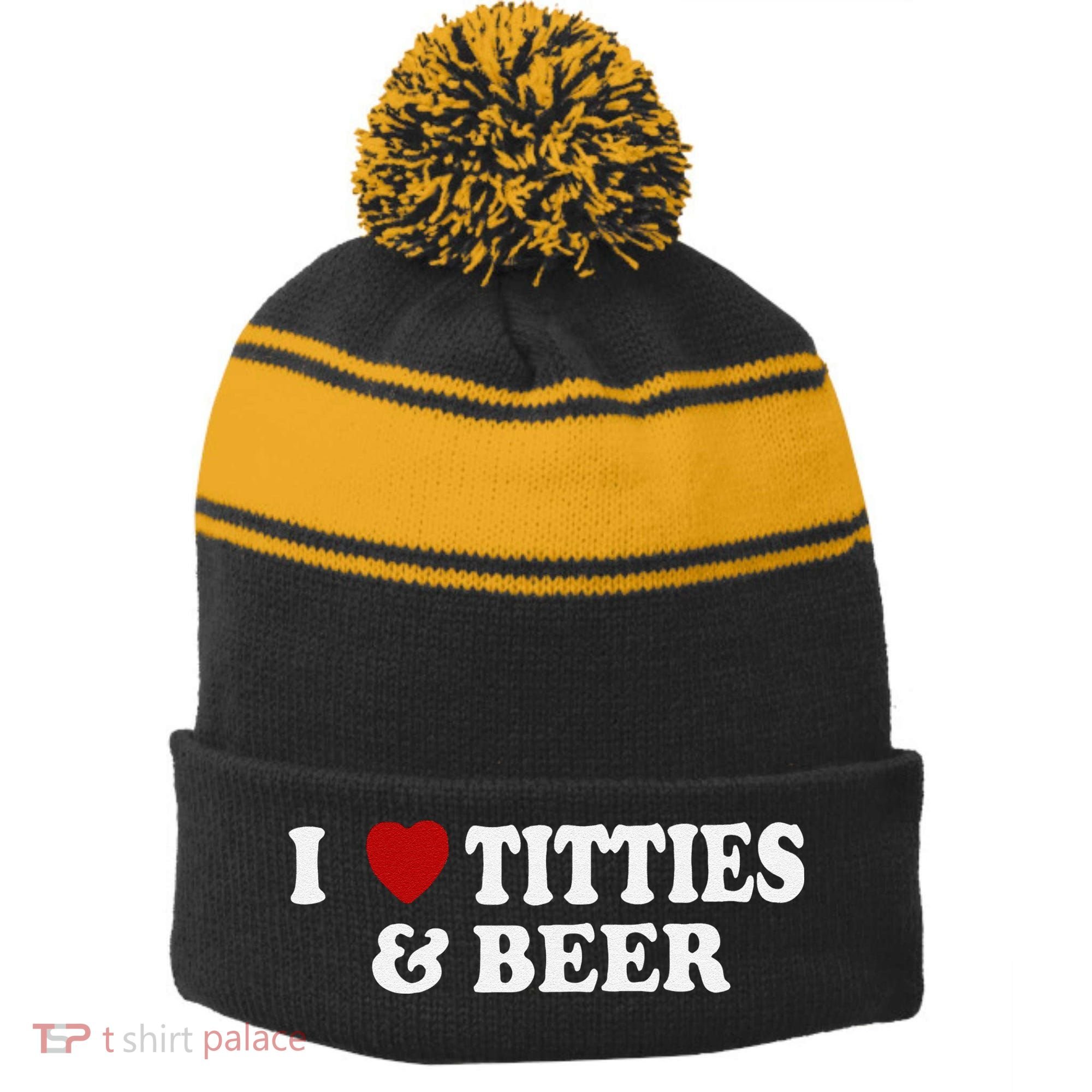 Funny I Love Tittes And Beer Stripe Pom Pom Beanie