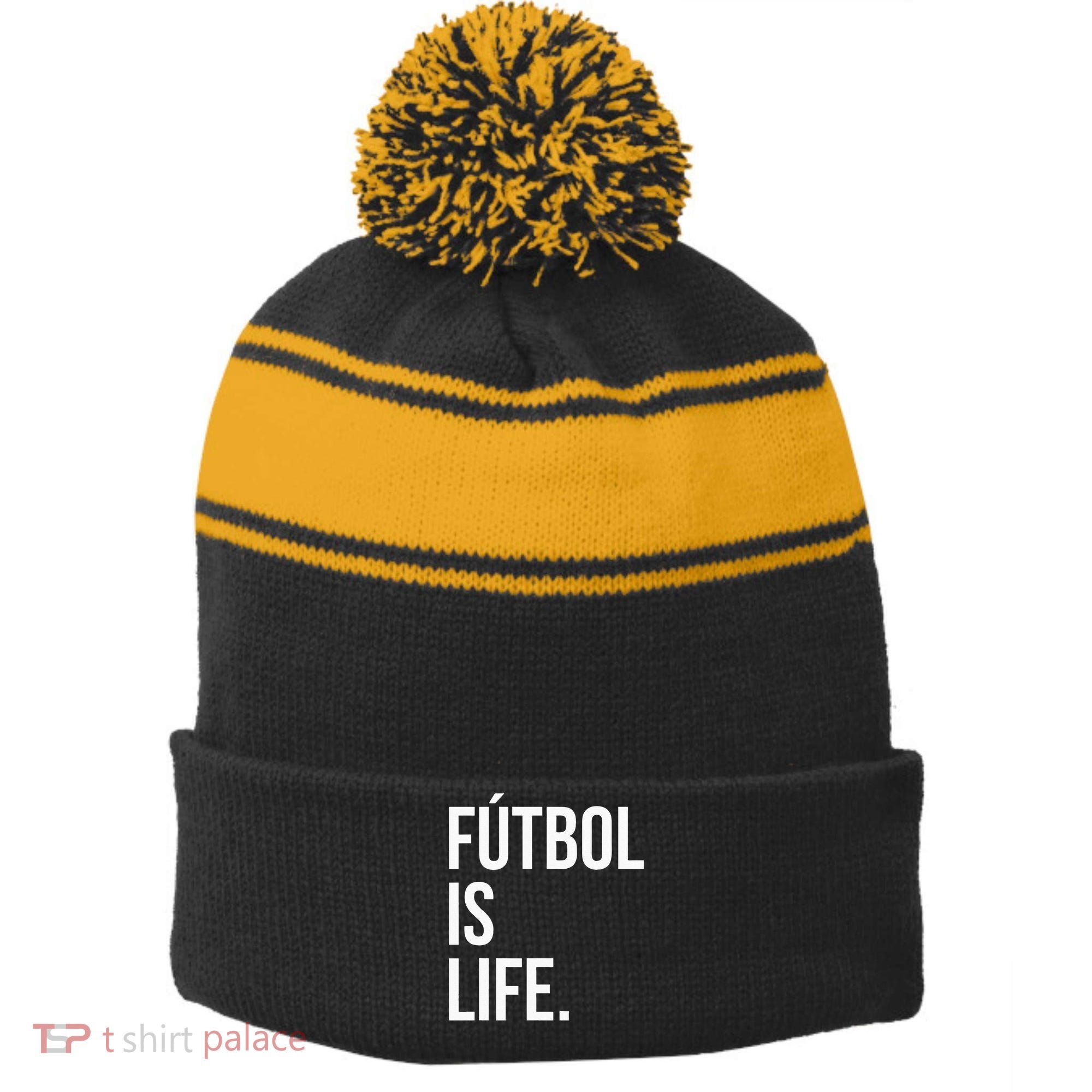 Futbol Is Life Stripe Pom Pom Beanie