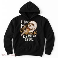 Funny I Like My Coffee Black Like My Soul Skeleton Coffee Lover Hoodie thumb 0