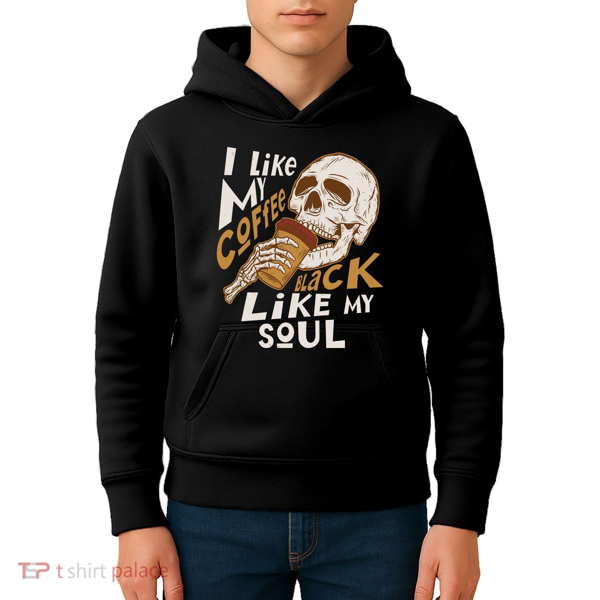 Funny I Like My Coffee Black Like My Soul Skeleton Coffee Lover Kids Hoodie