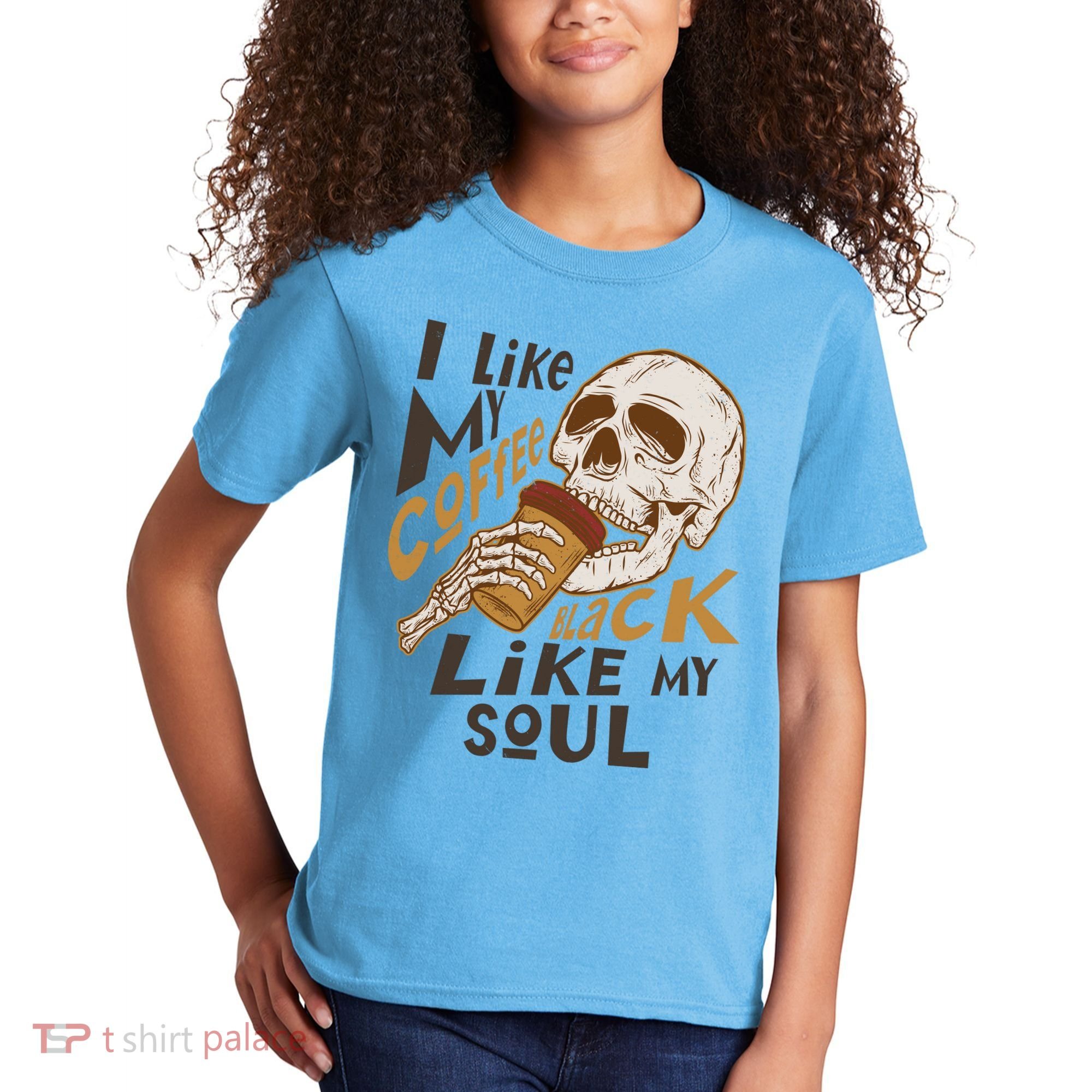 Funny I Like My Coffee Black Like My Soul Skeleton Coffee Lover Kids T-Shirt