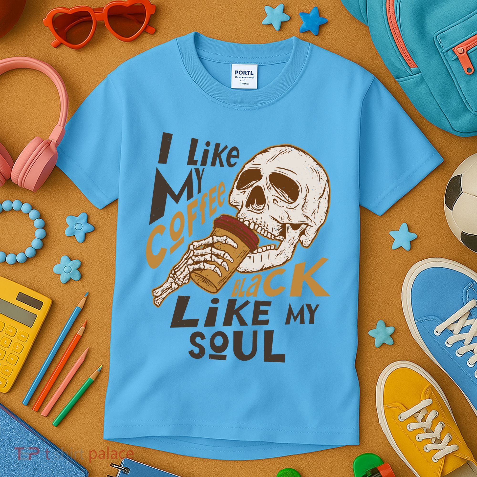 Funny I Like My Coffee Black Like My Soul Skeleton Coffee Lover Kids T-Shirt