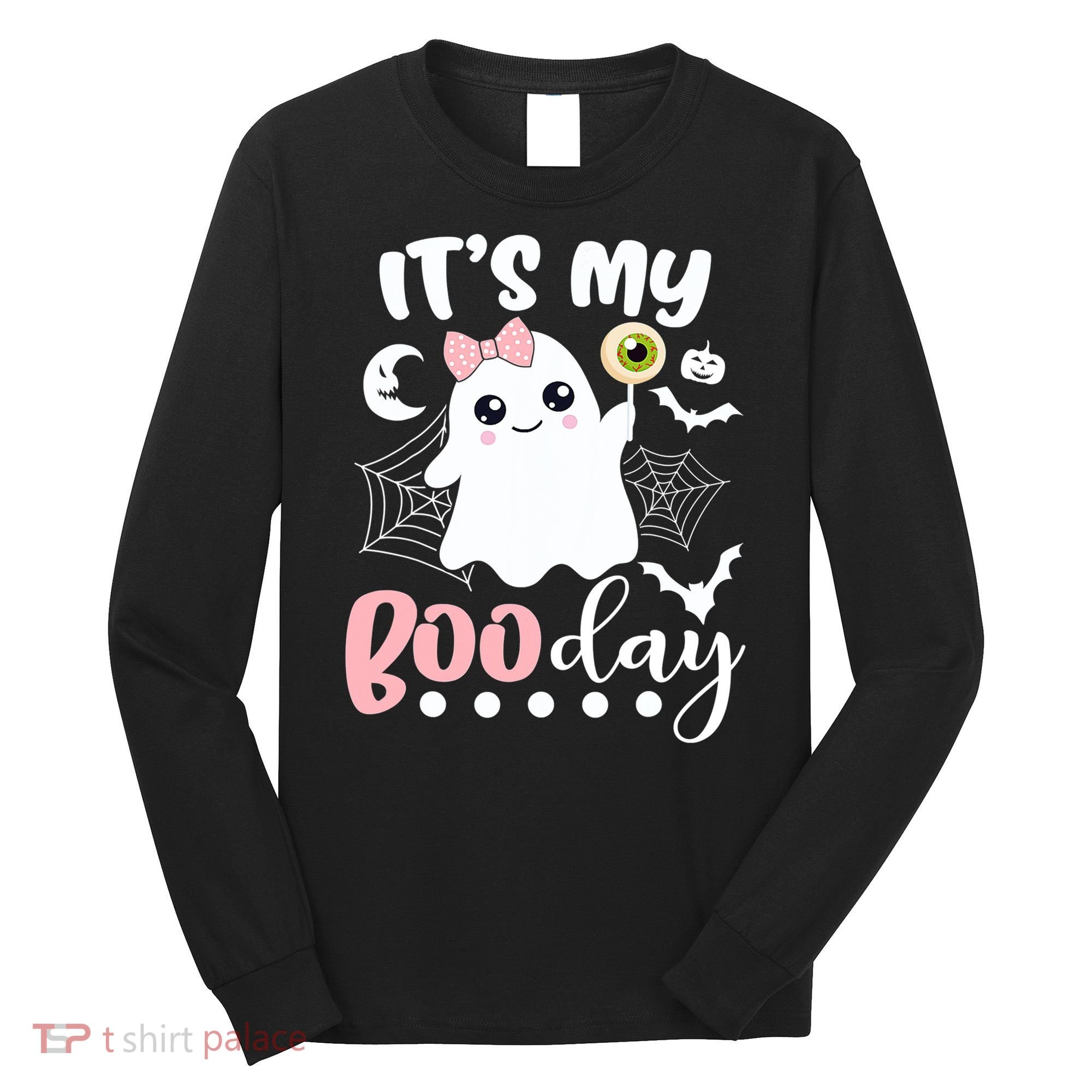 Funny Its My Boo Day Cute Halloween Birthday Ghost Pink Bow Long Sleeve Shirt