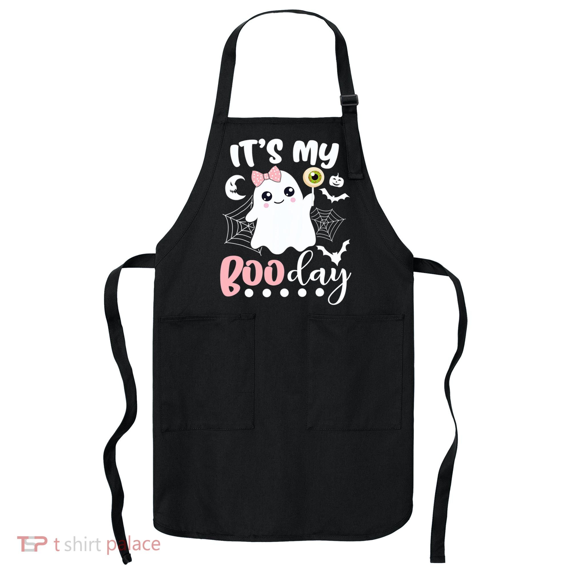 Funny Its My Boo Day Cute Halloween Birthday Ghost Pink Bow Apron