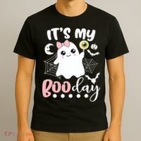 Funny Its My Boo Day Cute Halloween Birthday Ghost Pink Bow T-Shirt thumb 3