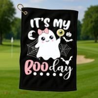 Funny Its My Boo Day Cute Halloween Birthday Ghost Pink Bow Golf Towel thumb 1