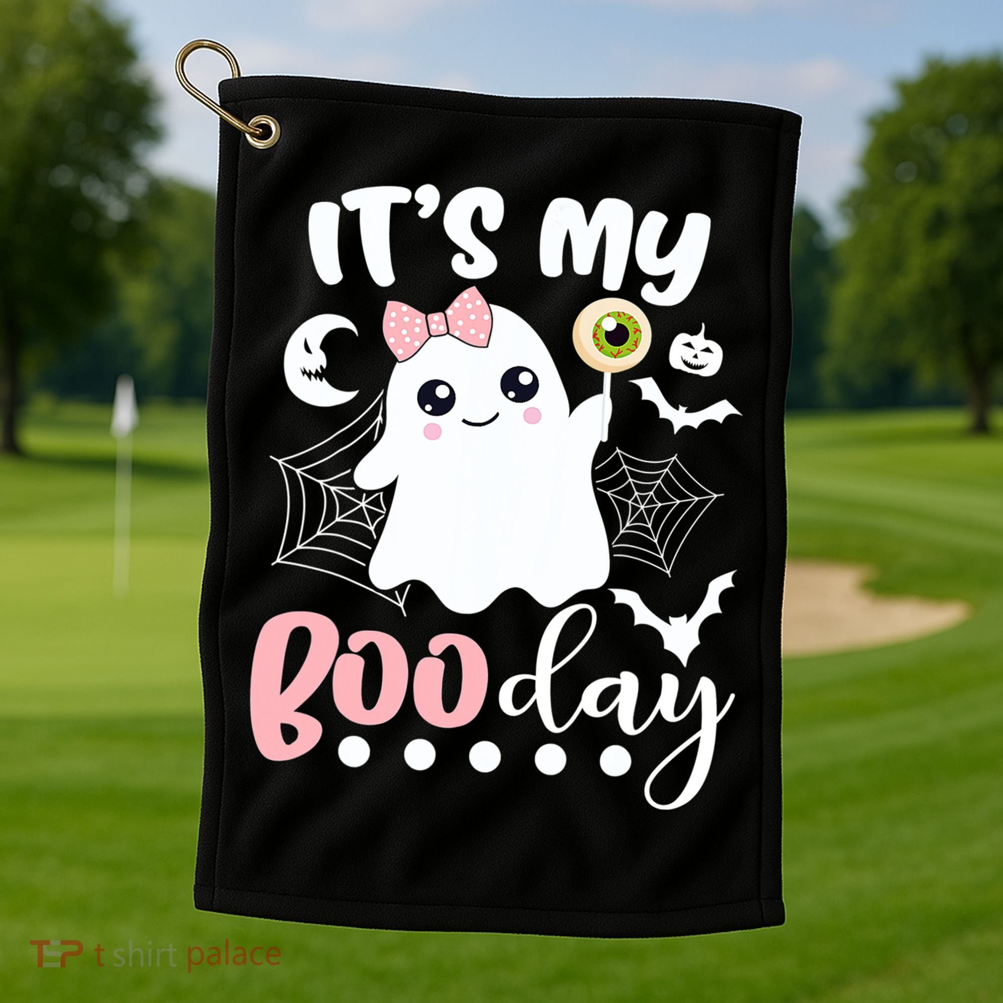 Funny Its My Boo Day Cute Halloween Birthday Ghost Pink Bow Golf Towel
