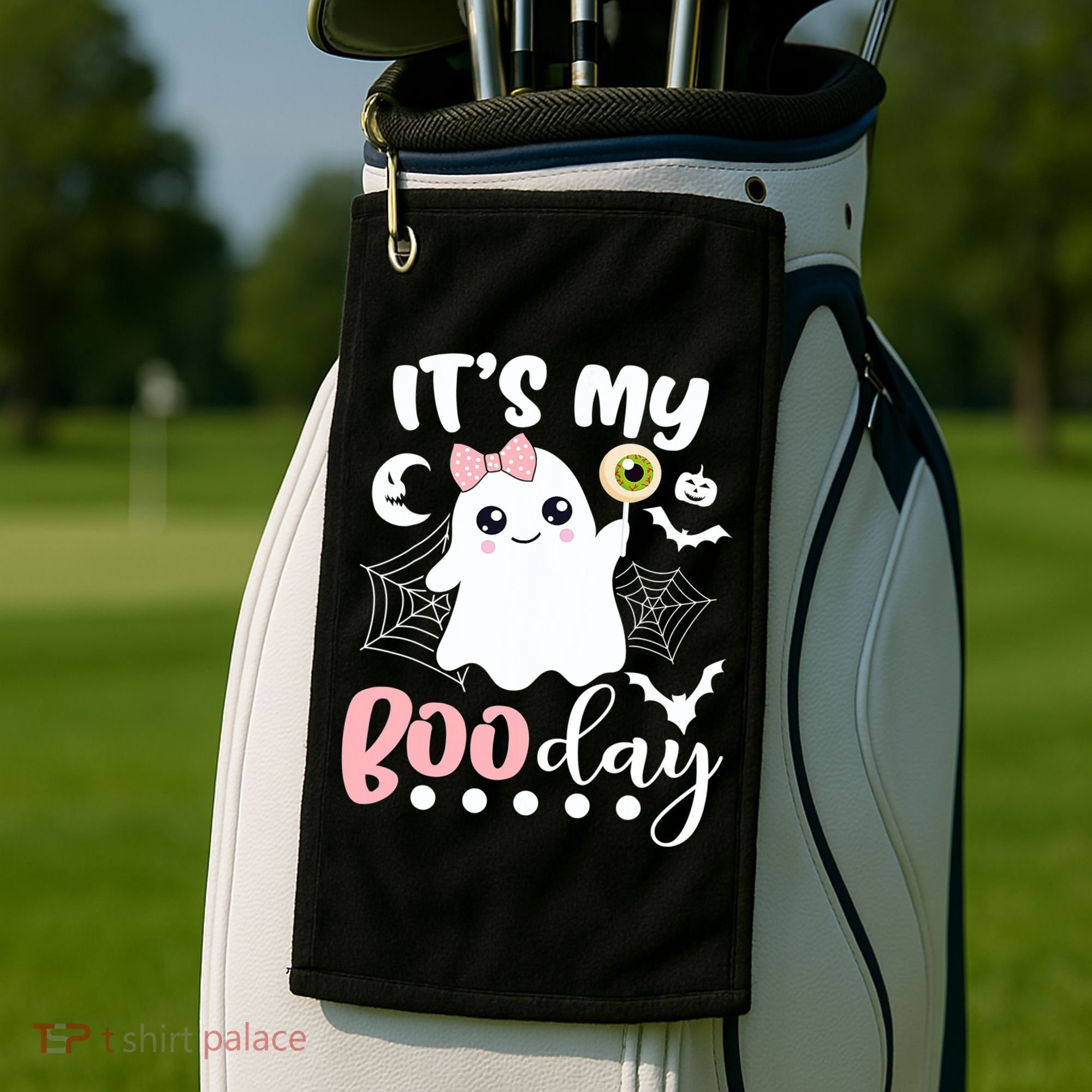 Funny Its My Boo Day Cute Halloween Birthday Ghost Pink Bow Golf Towel