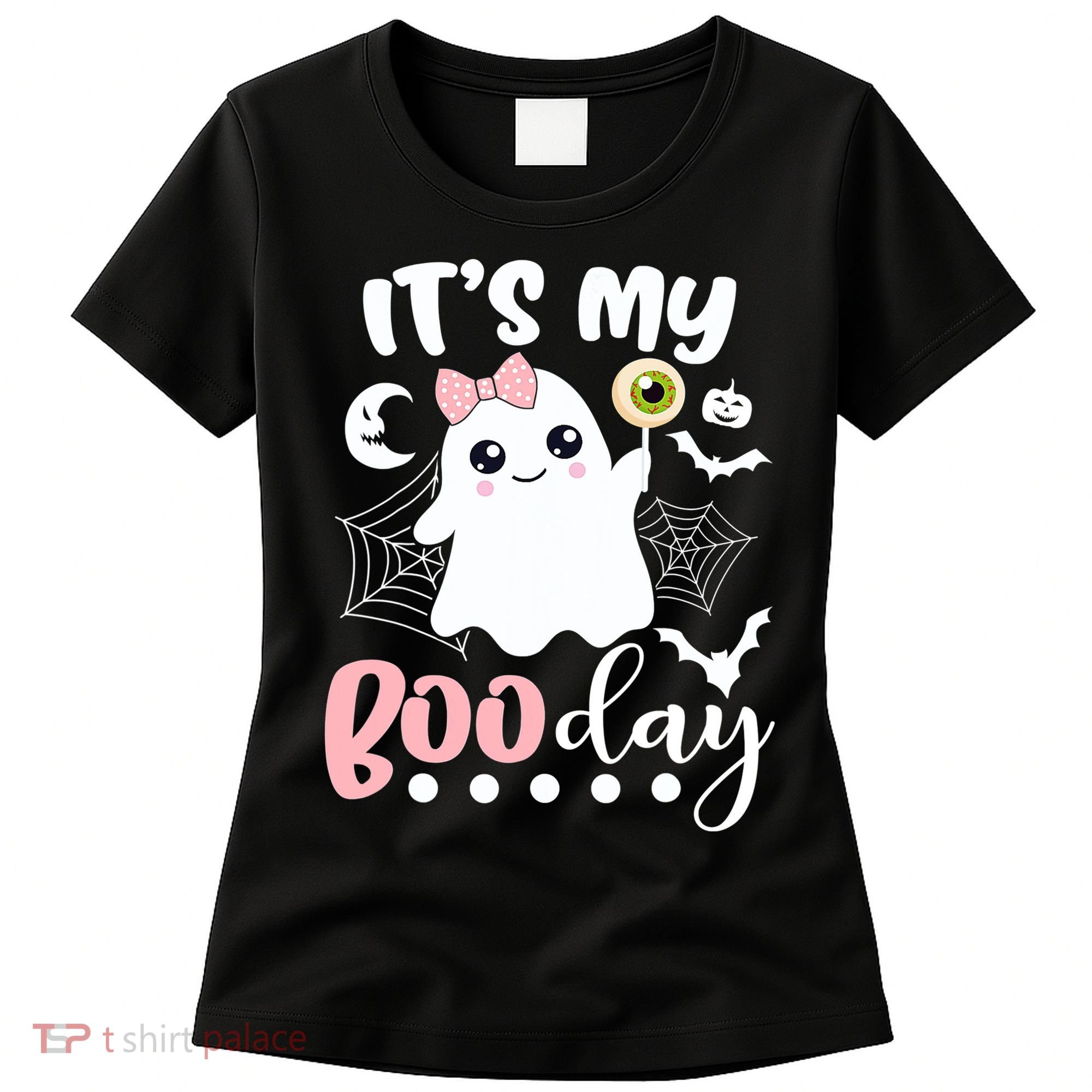 Funny Its My Boo Day Cute Halloween Birthday Ghost Pink Bow Women's T-Shirt