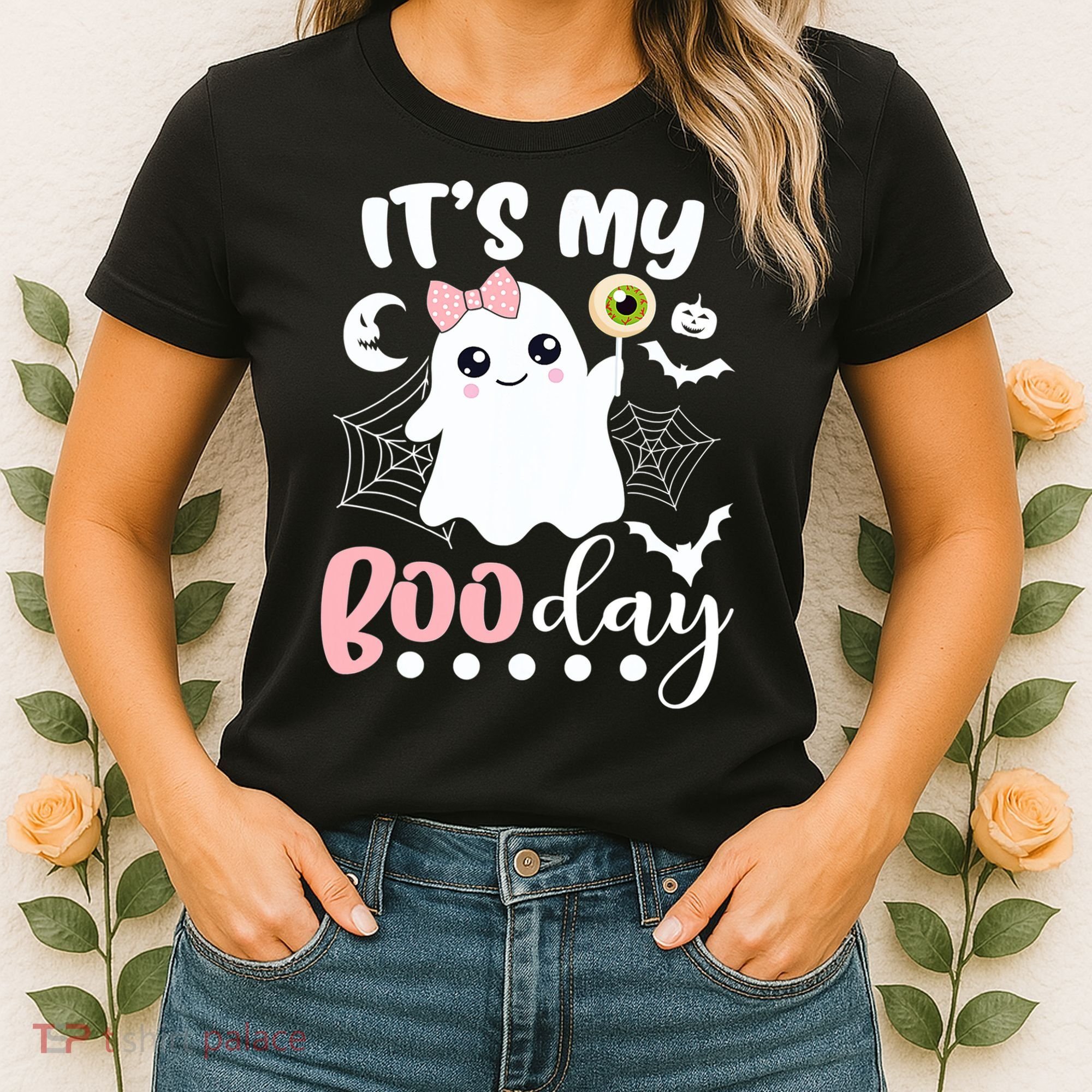 Funny Its My Boo Day Cute Halloween Birthday Ghost Pink Bow Women's T-Shirt