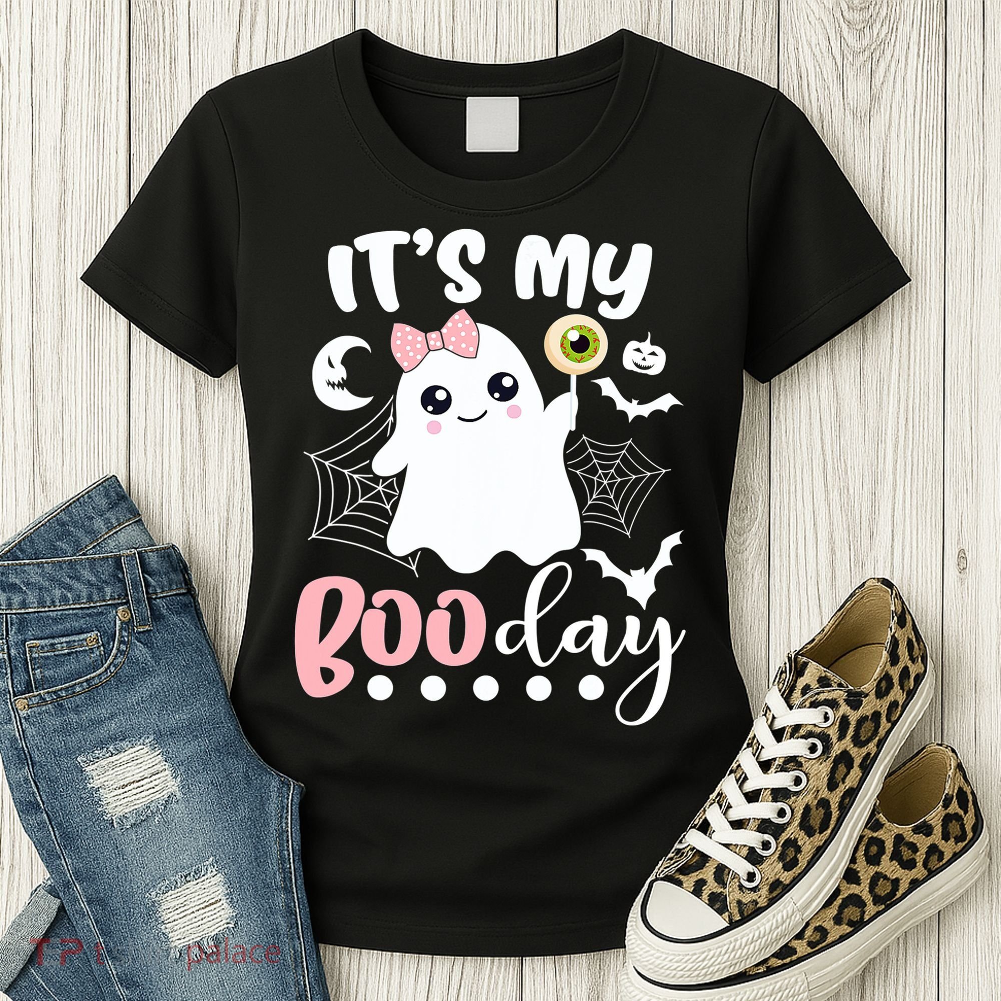 Funny Its My Boo Day Cute Halloween Birthday Ghost Pink Bow Women's T-Shirt