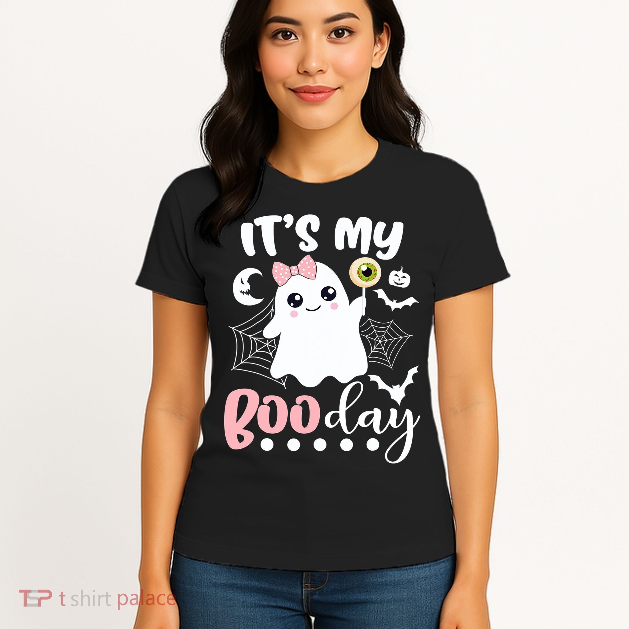 Funny Its My Boo Day Cute Halloween Birthday Ghost Pink Bow Women's T-Shirt