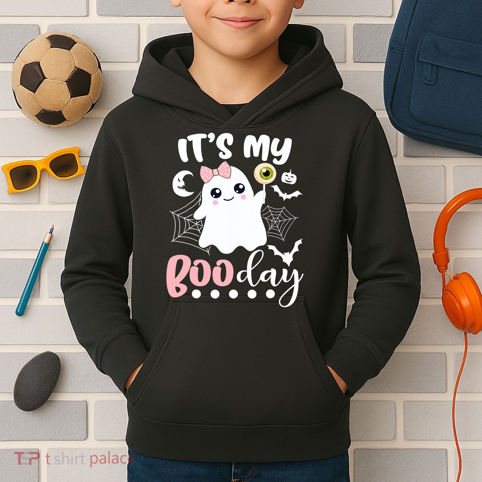 Funny Its My Boo Day Cute Halloween Birthday Ghost Pink Bow Kids Hoodie