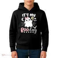 Funny Its My Boo Day Cute Halloween Birthday Ghost Pink Bow Kids Hoodie thumb 4