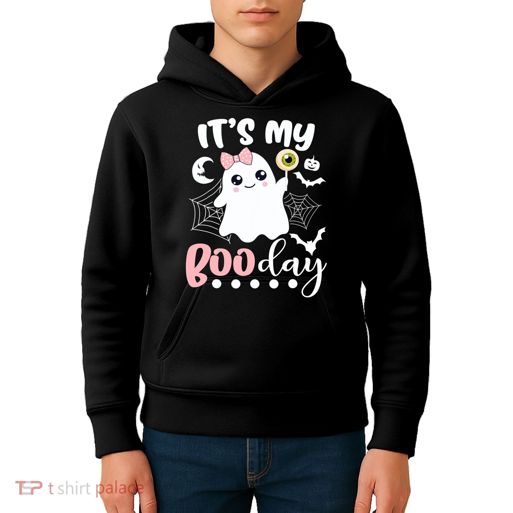 Funny Its My Boo Day Cute Halloween Birthday Ghost Pink Bow Kids Hoodie