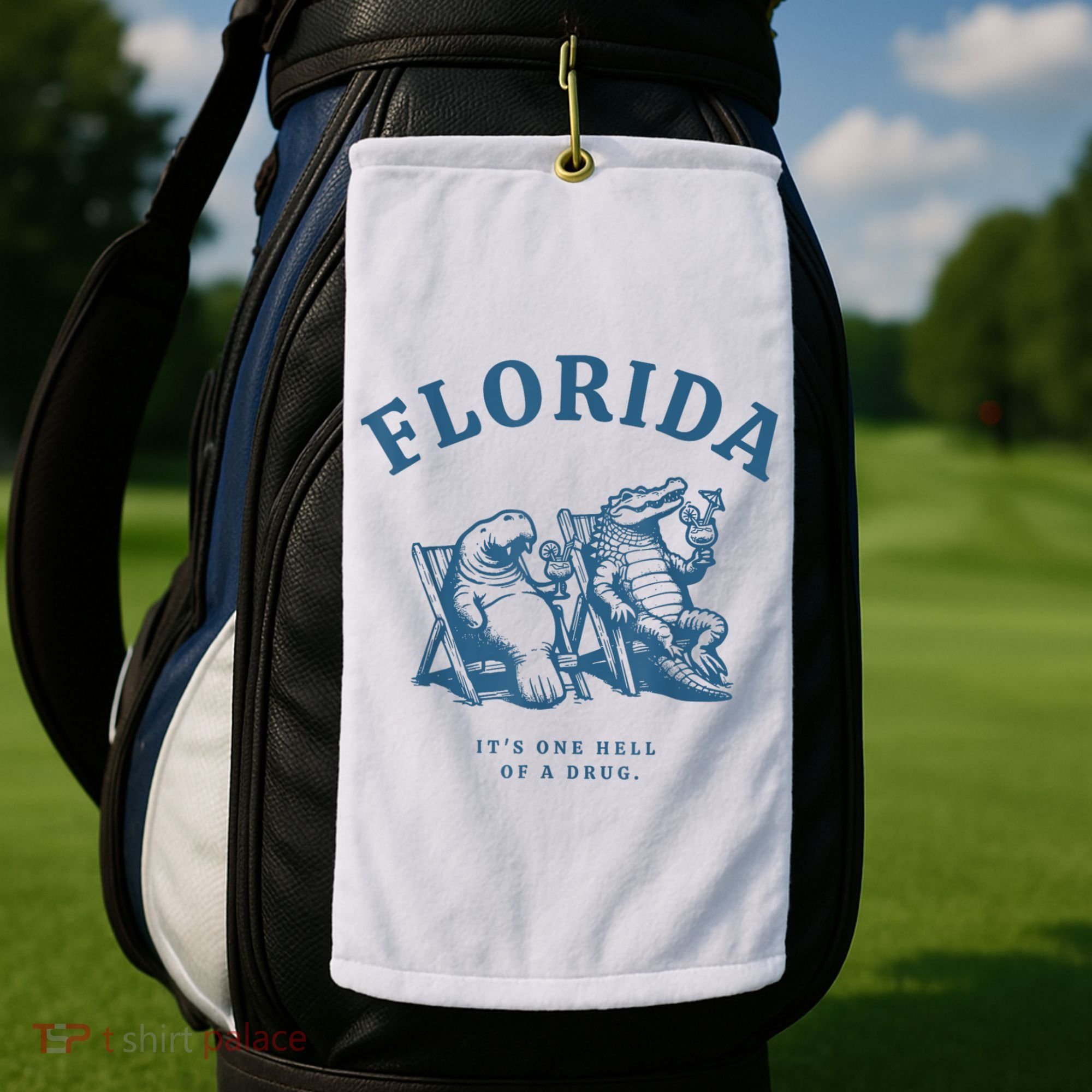 Florida ItS One Hell Of A Drug Funny Crocodile And Manatees Golf Towel