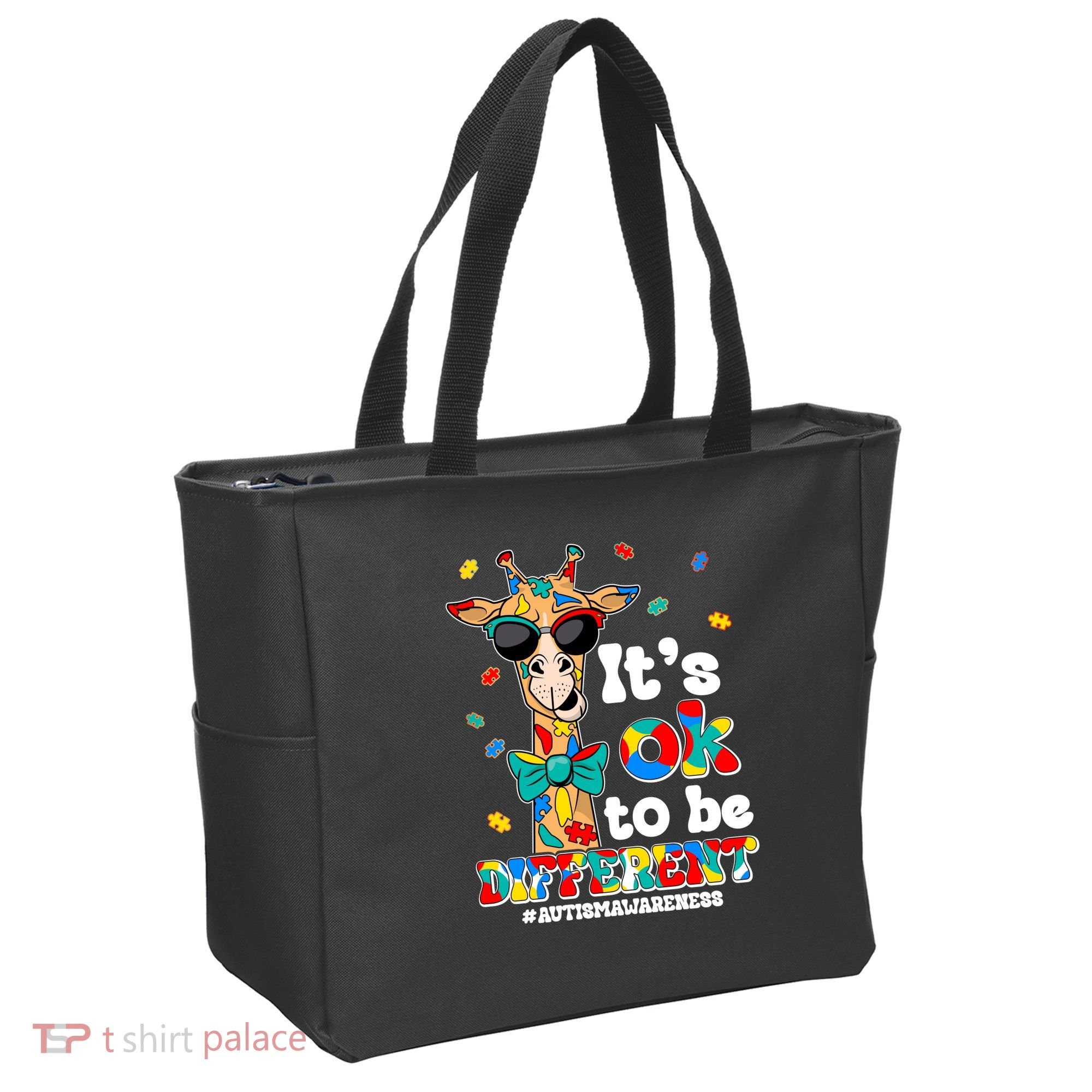 Funny ItS Ok To Be Different Autism Awareness Giraffe Tote Bag
