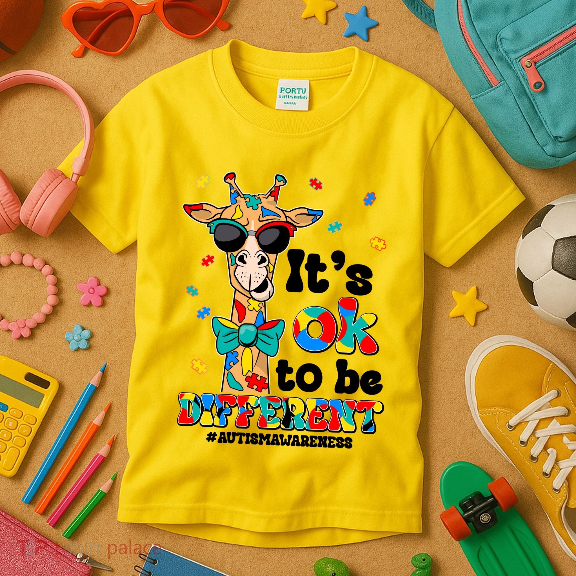 Funny ItS Ok To Be Different Autism Awareness Giraffe Kids T-Shirt