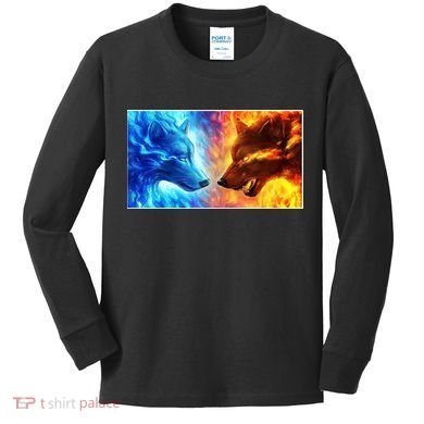 Fire And Ice Wolf Cool Graphic Kids Long Sleeve Shirt