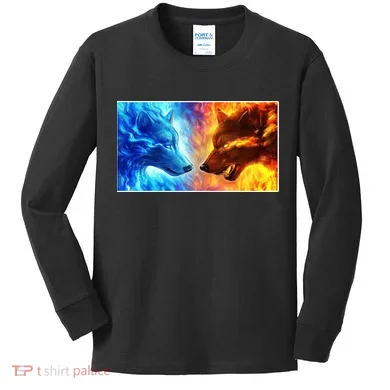 Fire And Ice Wolf Cool Graphic Kids Long Sleeve Shirt