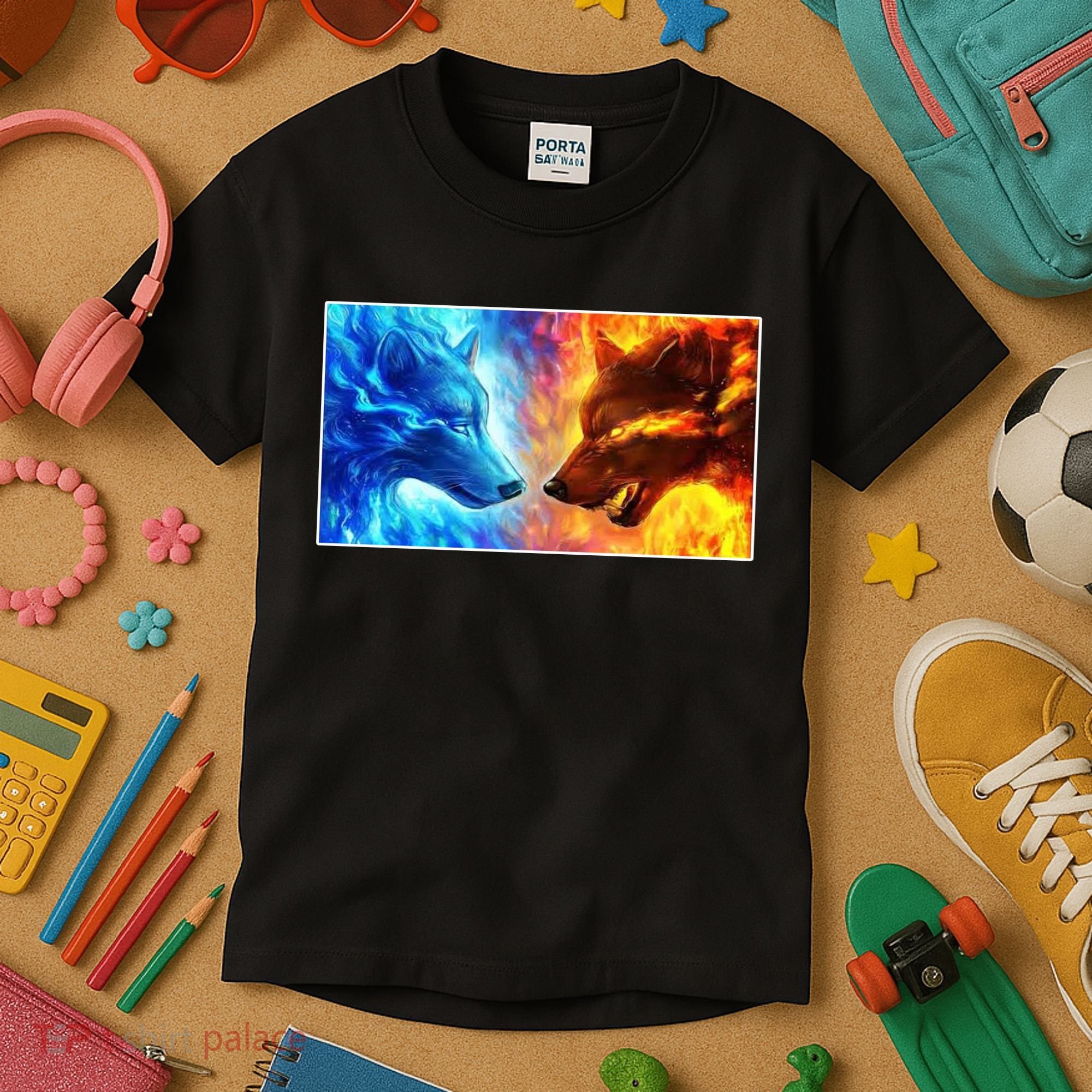 Fire And Ice Wolf Cool Graphic Kids T-Shirt