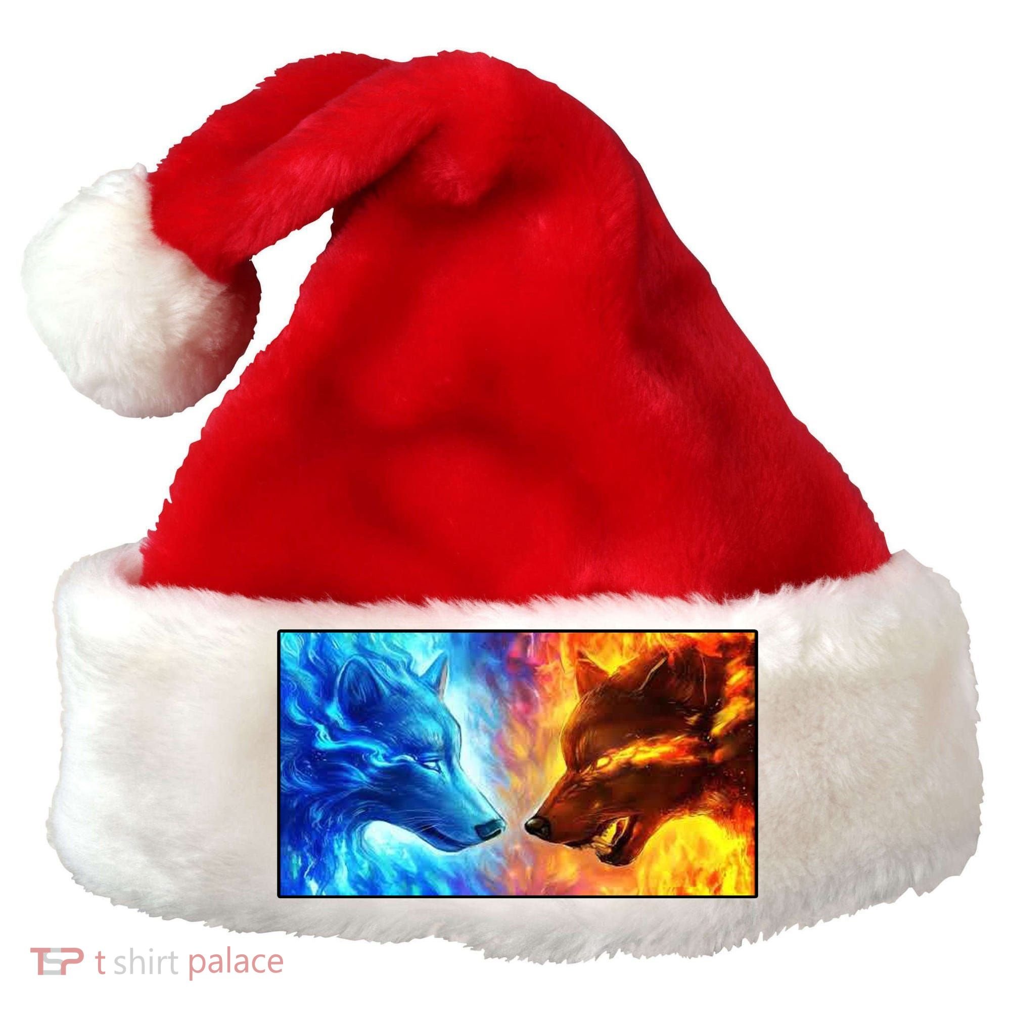Fire And Ice Wolf Cool Graphic Santa Hat
