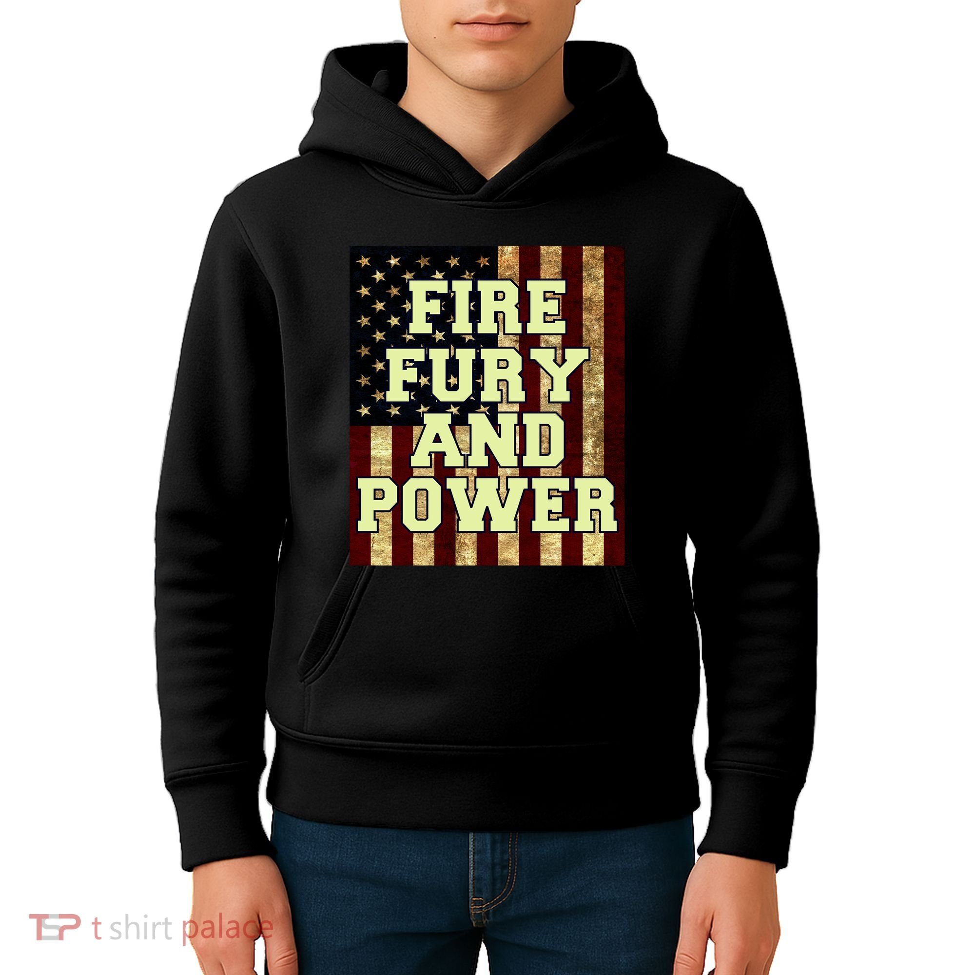 Fire Fury Power USA Flag Trump Quote Kids Hoodie