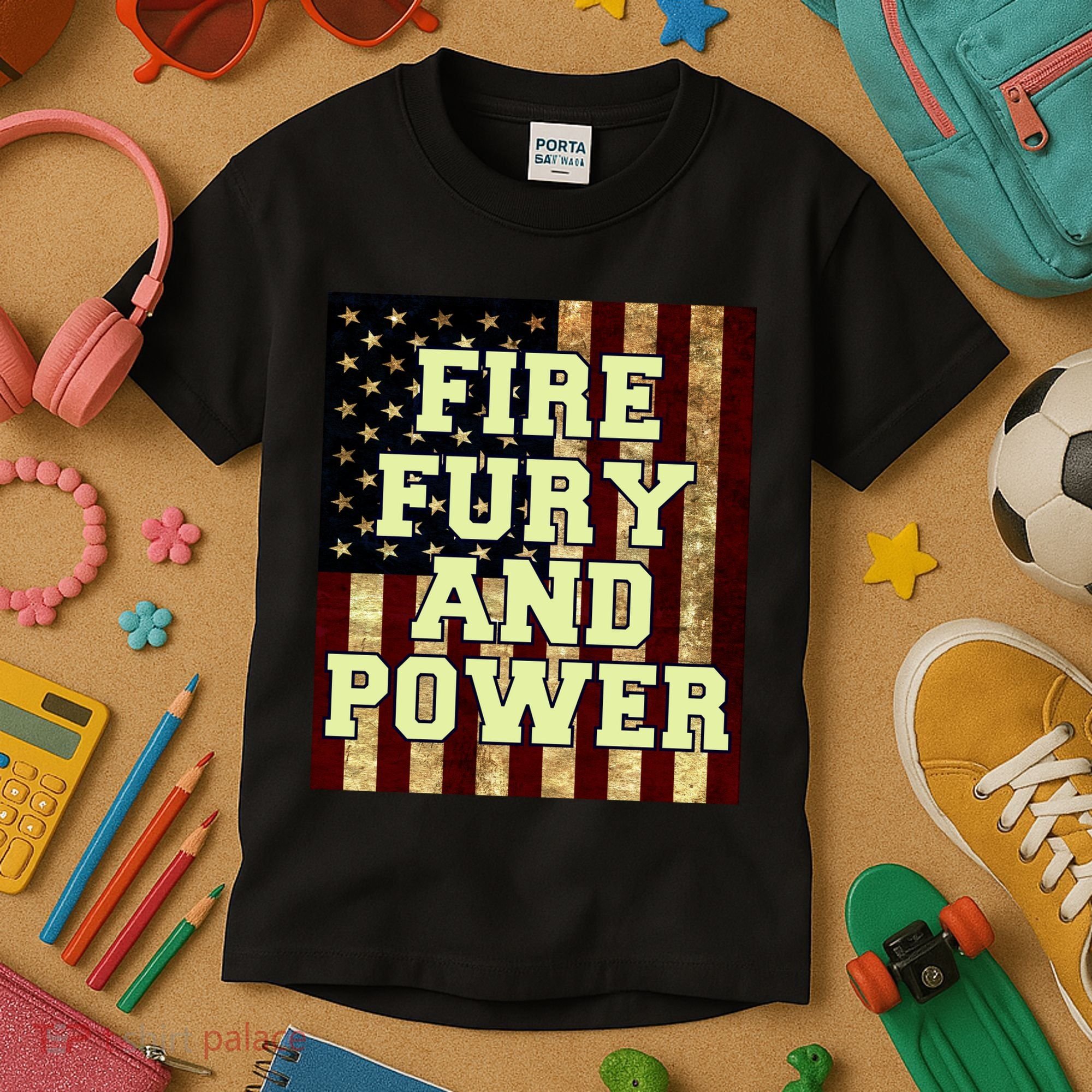 Fire Fury Power USA Flag Trump Quote Kids T-Shirt