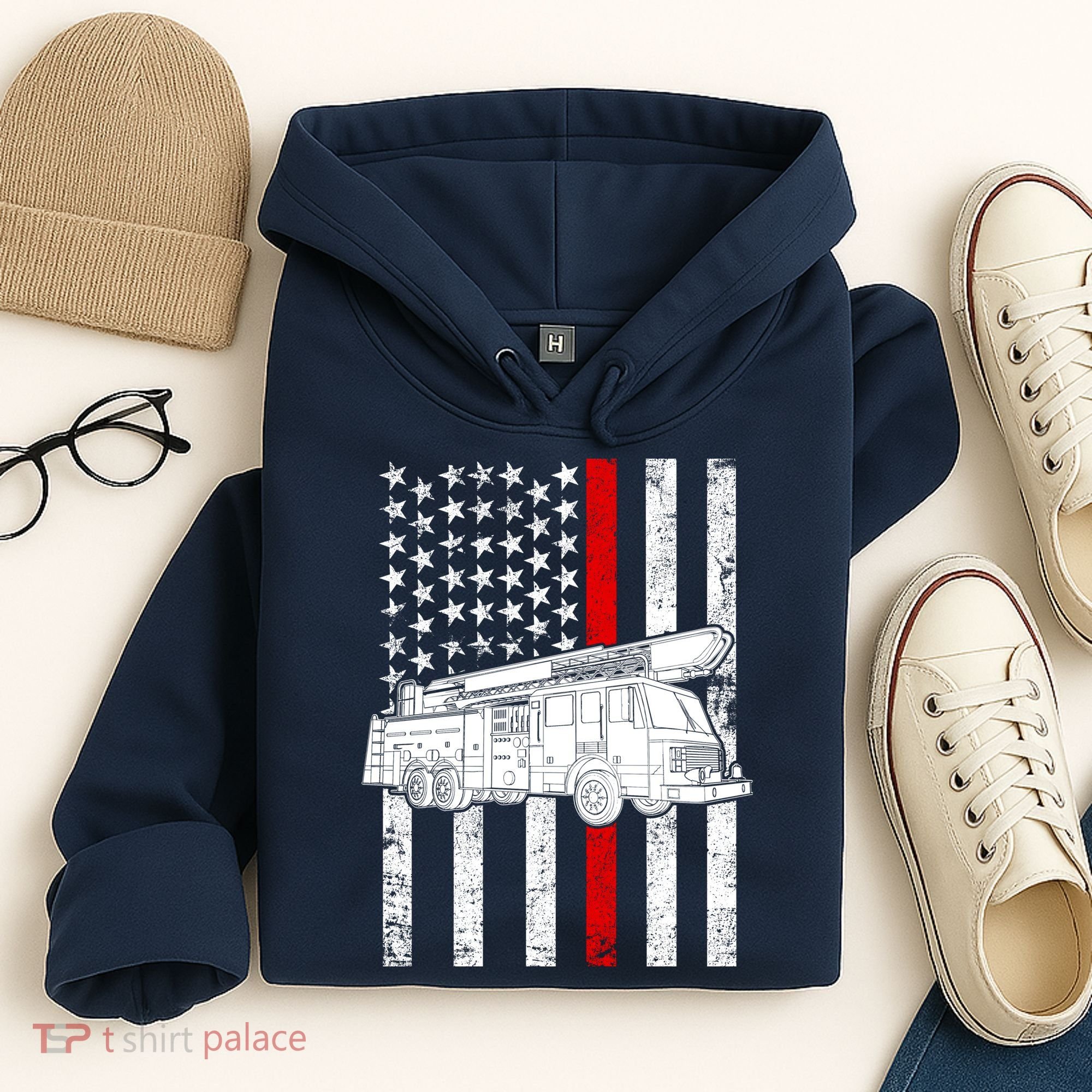 Fire Truck American Firefighter Thin Red Line Flag Hoodie