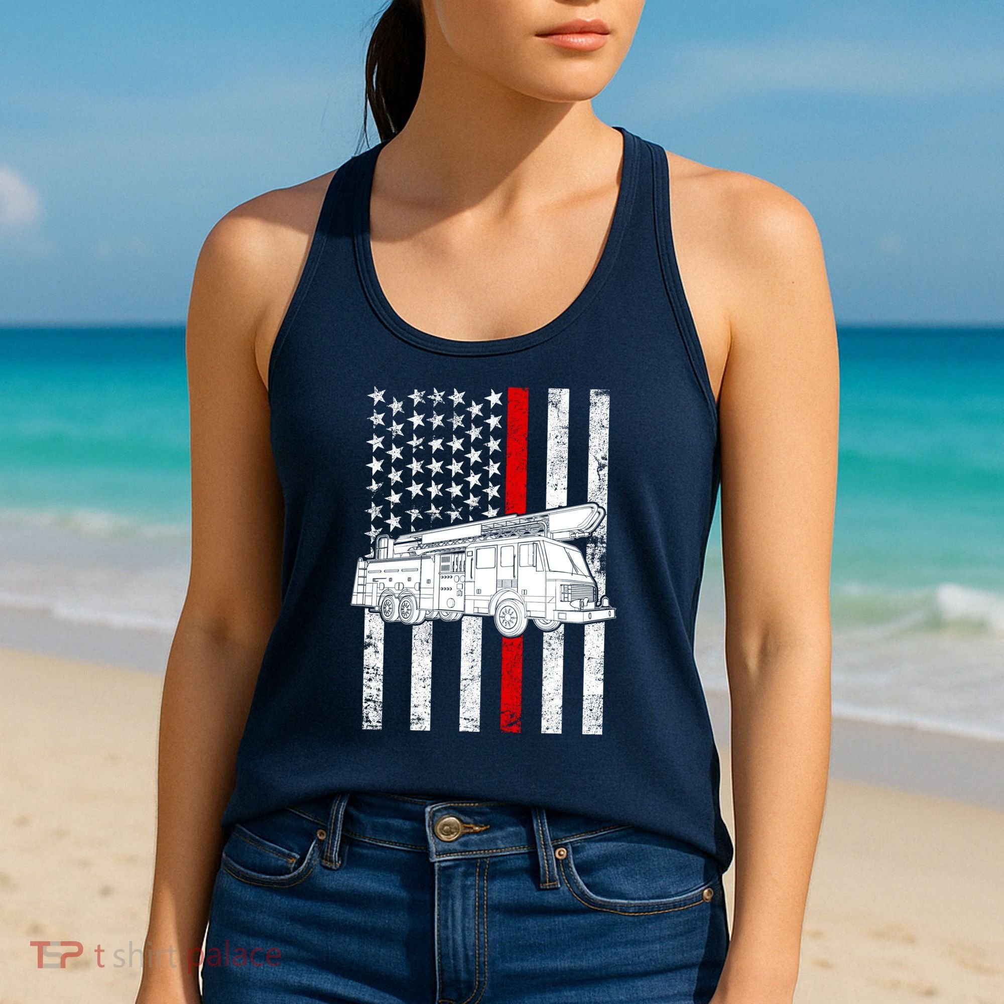 Fire Truck American Firefighter Thin Red Line Flag Women's Tank Top