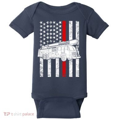 Fire Truck American Firefighter Thin Red Line Flag Baby Bodysuit
