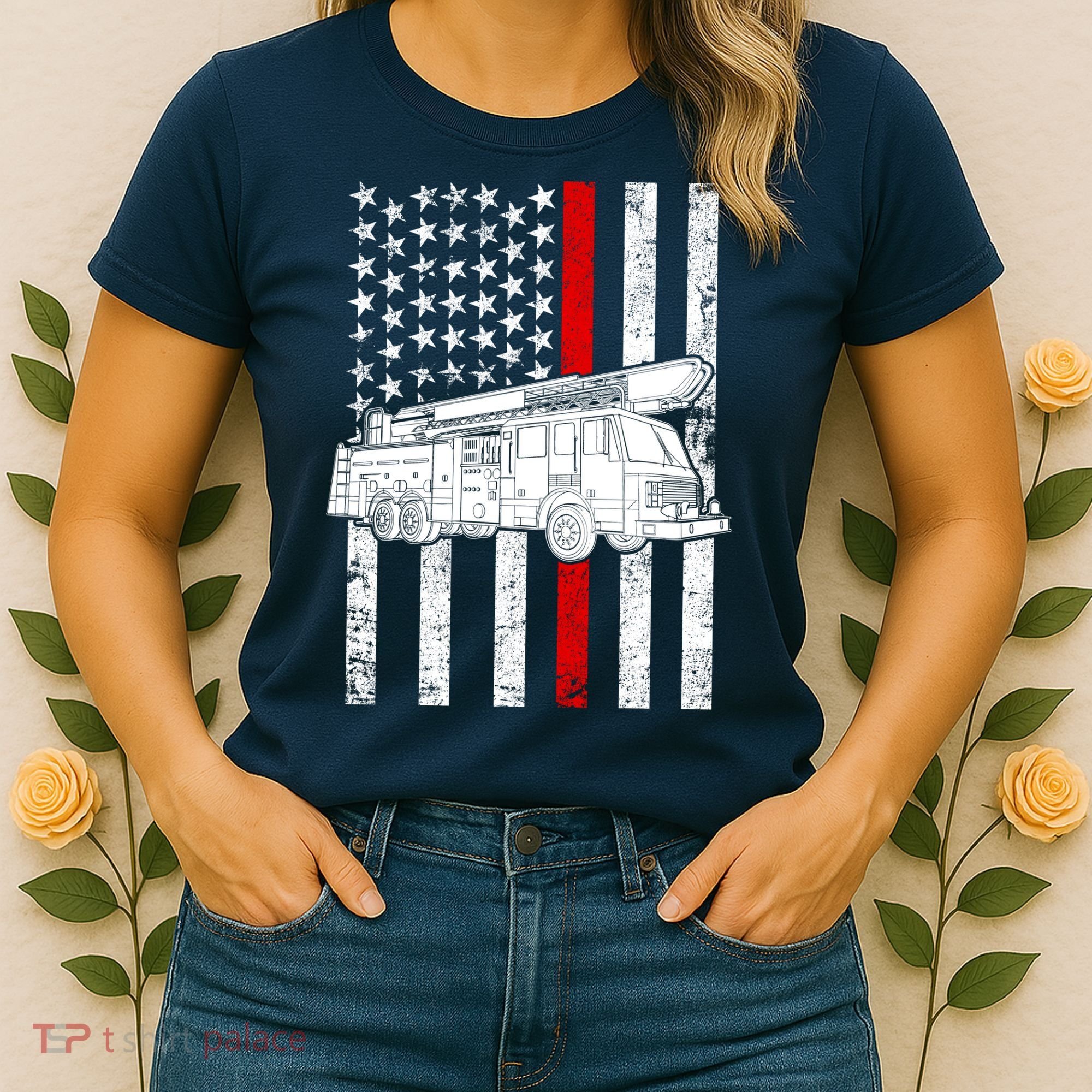 Fire Truck American Firefighter Thin Red Line Flag Women's T-Shirt